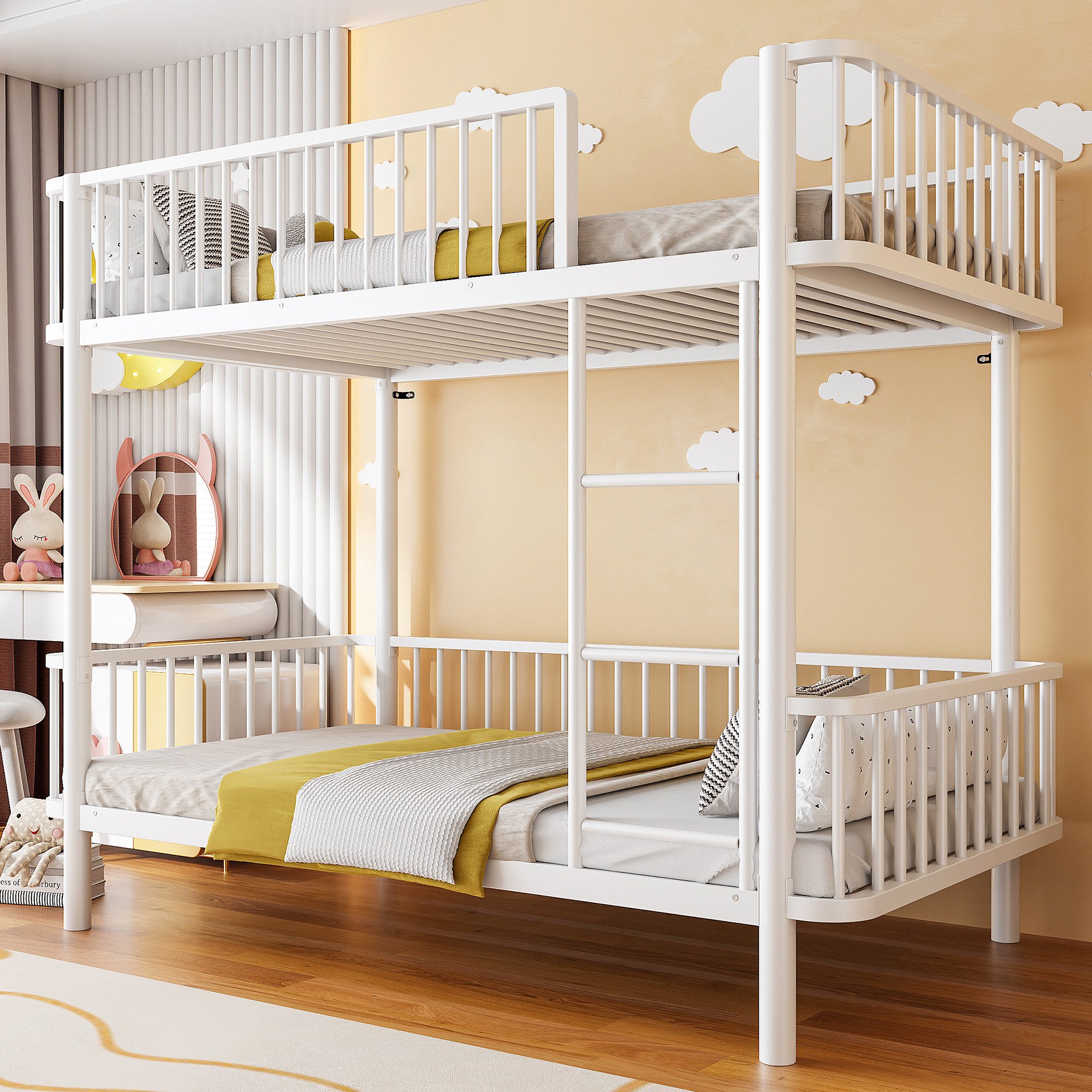 Flieks Etagenbett, Metall Kinderbett 90x200cm mit abgerundeten Ecken, Sicherheitsgeländer