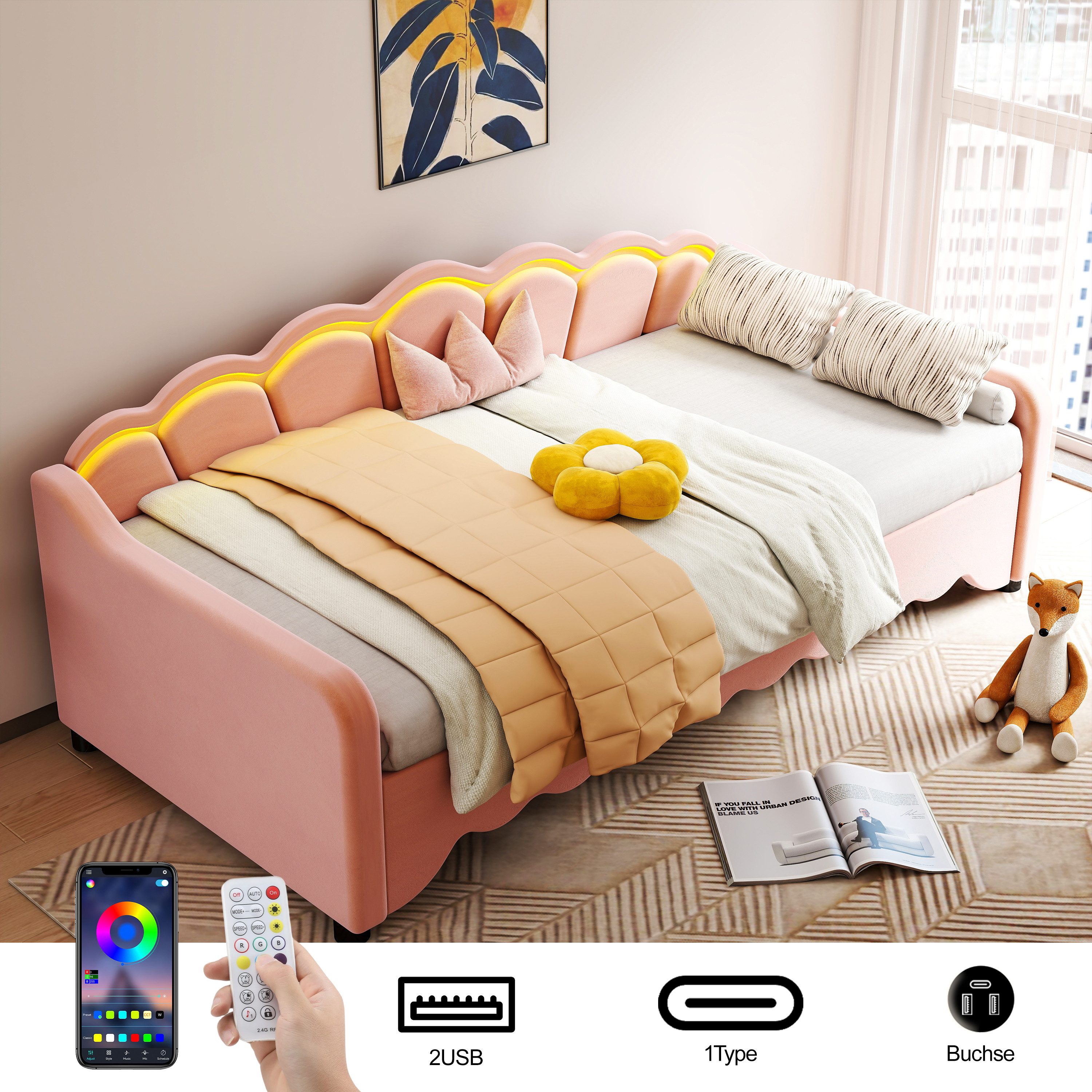 oyajia Daybett Polsterbett 90x190cm mit Ausziehbett 180x190cm, Samt Polsterbett Schlafsofa Kinderbett Tagesbett mit LED-Beleuchtung