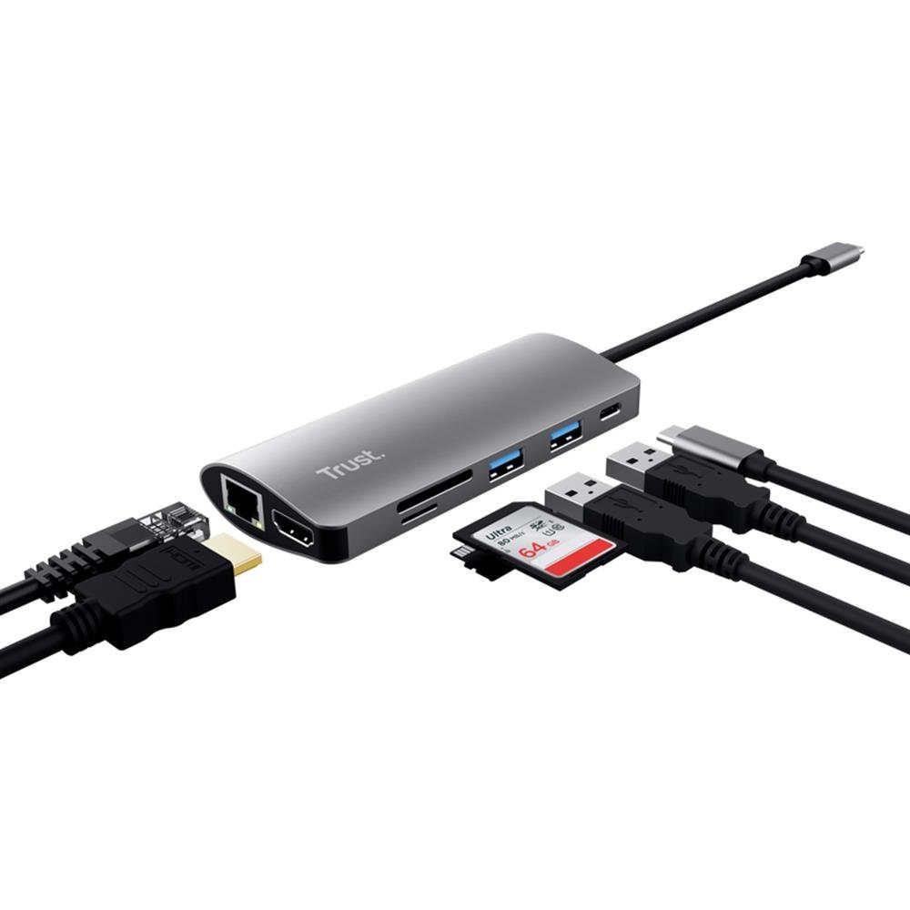 Trust Dalyx Adapter, 10 cm, 7-in-1 USB-C Multi-Port-Adapter, Silber, USB-Hub