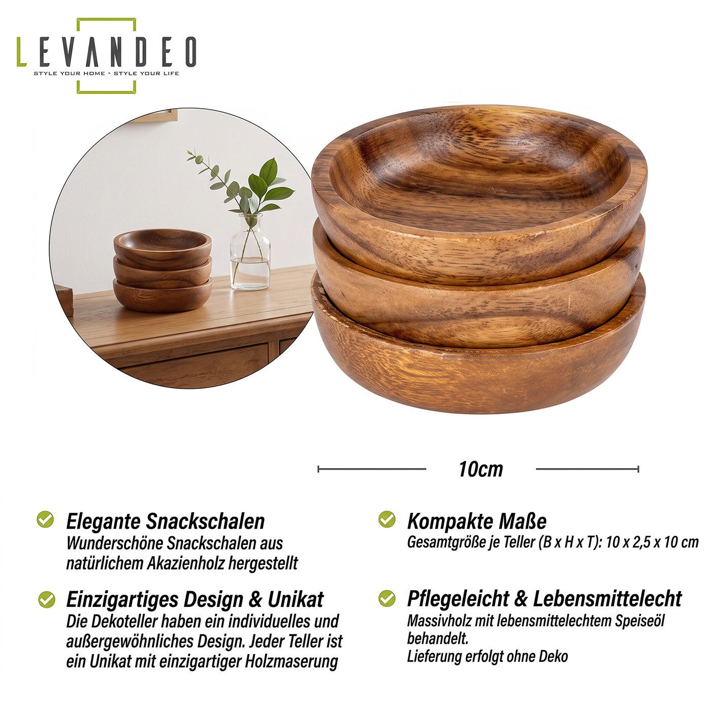 Levandeo® Dekoteller, 3er Set Teller Akazie 10x2,5cm Rund Holz Design Schale Snackschale