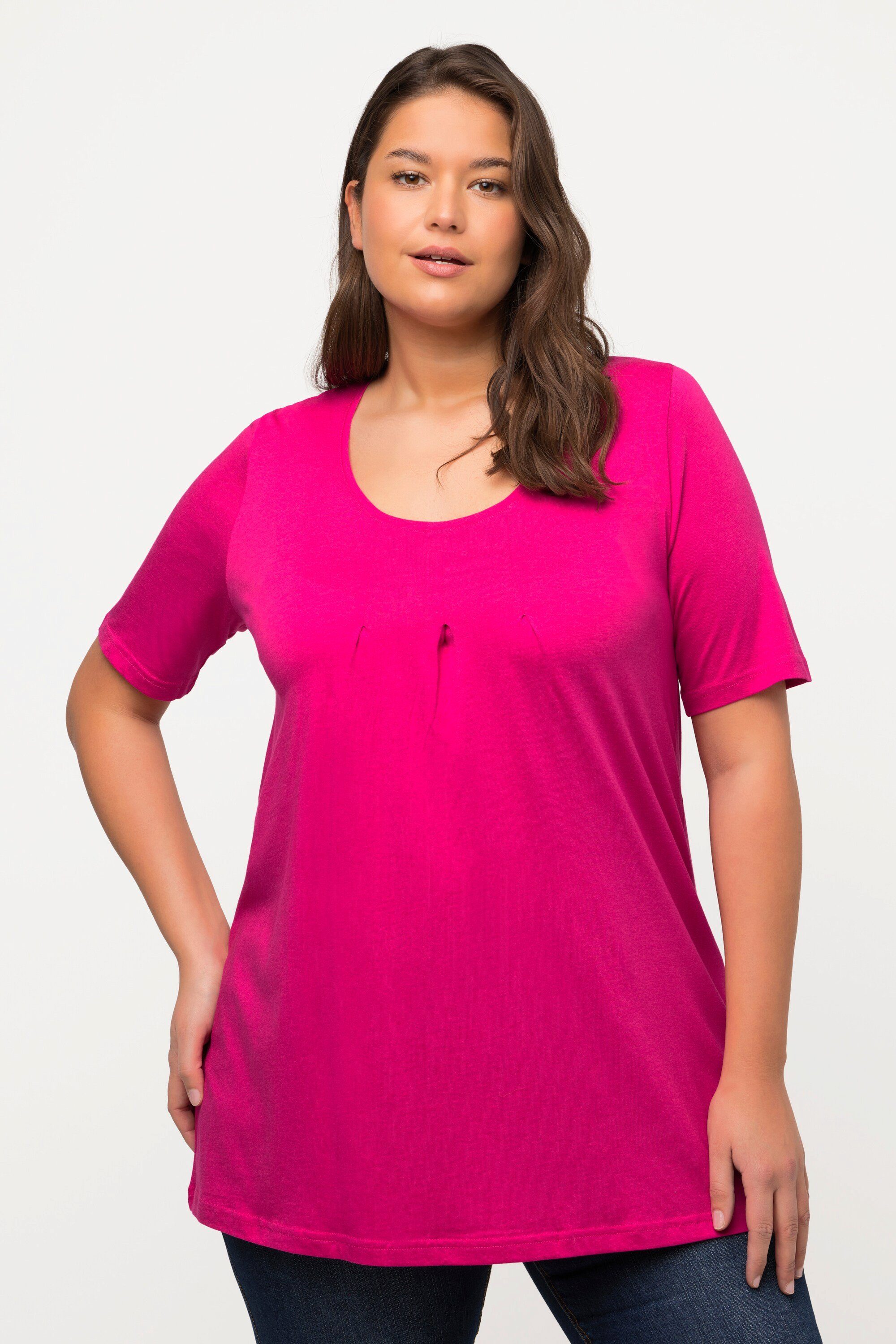 Ulla Popken Rundhalsshirt T-Shirt Zierfalten A-Linie Rundhals Halbarm Modal fuchsia pink | T-Shirts
