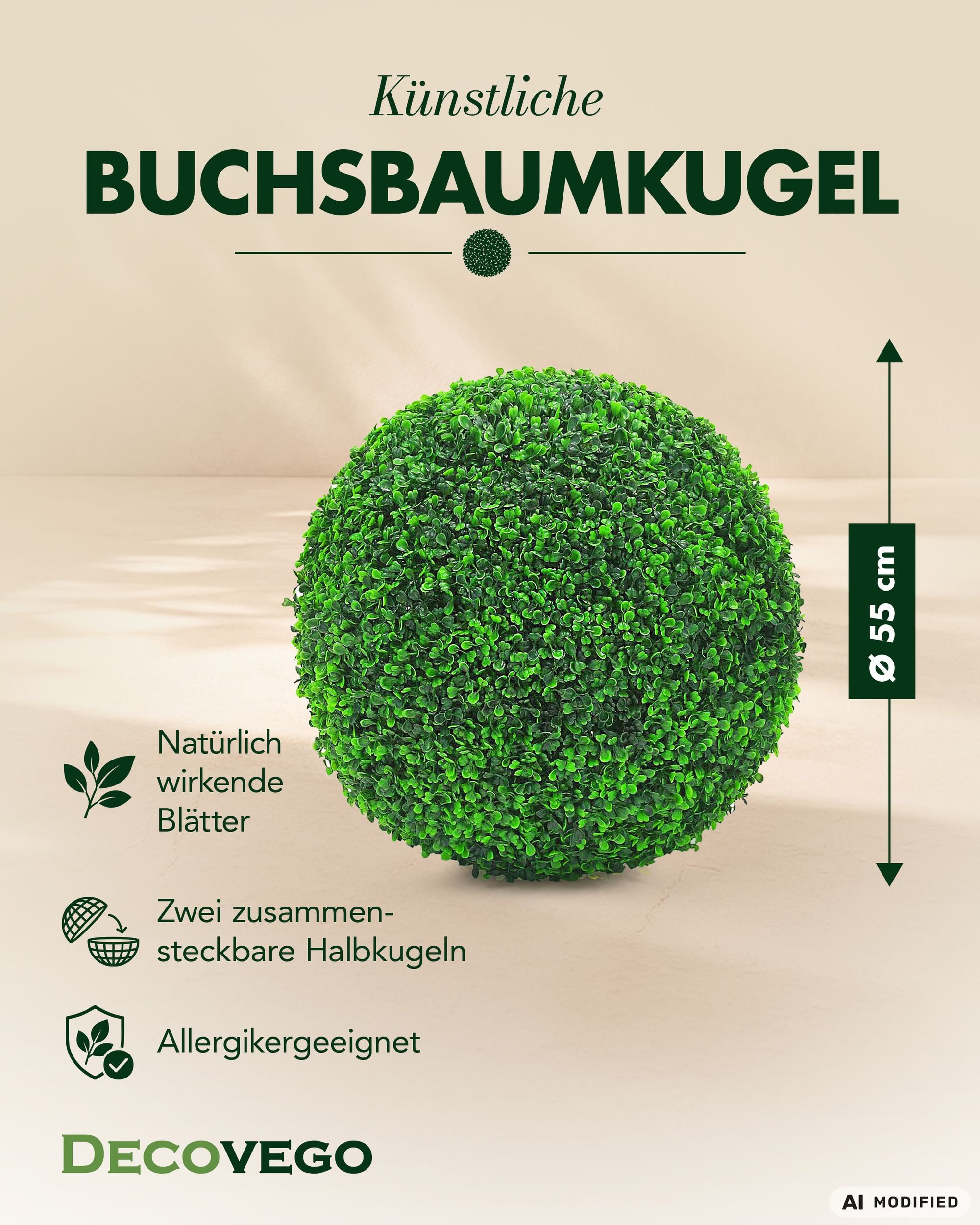 Kunstpflanze Deko Buchsbaum Künstlich Buchsbaumkugel Buchskugel 55 cm Kunstpflanze Buchsbaum, Decovego, Höhe 55 cm – Bild 2 von 5