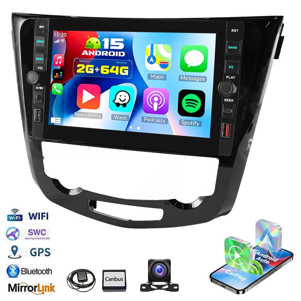 ESSGOO DAB+ 64G Android 15 CarPlay Autoradio 2 DIN GPS für Nissan X-Trail T32 Autoradio (RDS, 4+64GB(optional), Digitalradio (DAB), BT 4.1, USB- und Type-C, GPS, WIFI, SWC)