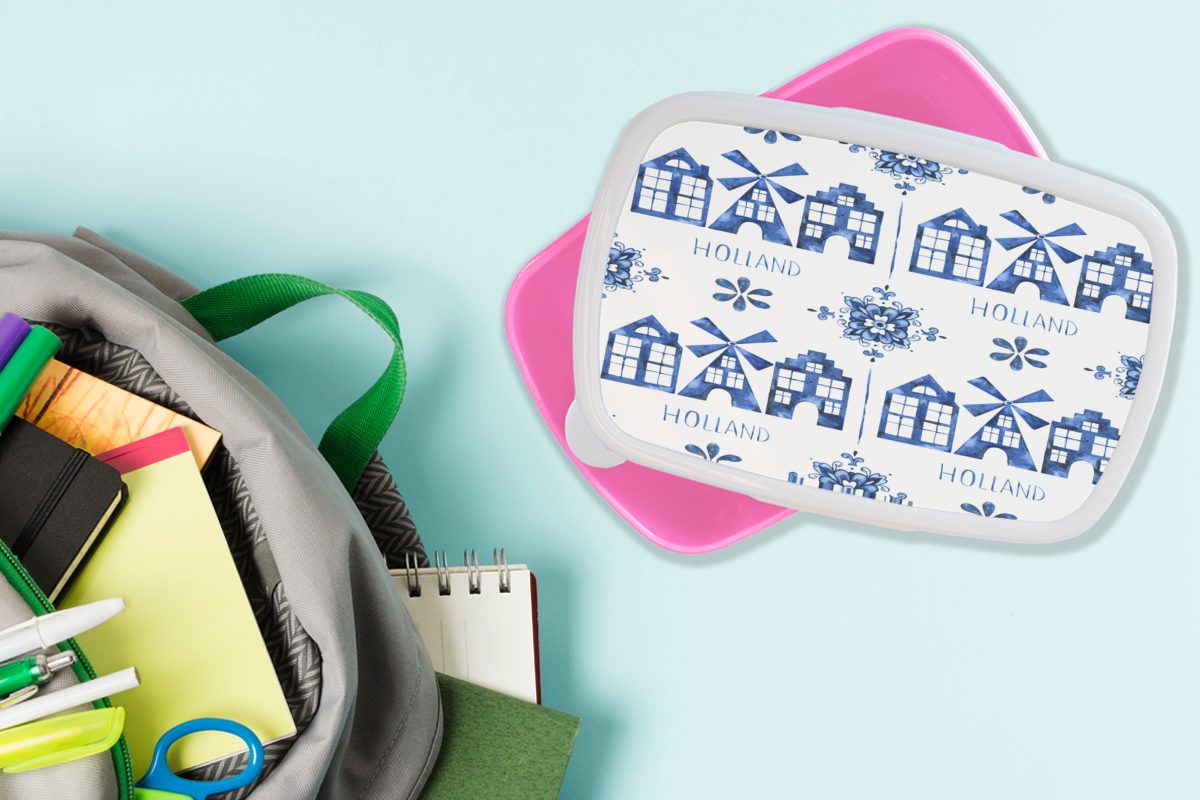 Kinder, Muster Snackbox, Blau, Delfter MuchoWow Brotdose rosa Lunchbox Erwachsene, - Brotbox Holland Kunststoff, Kunststoff - (2-tlg), Mädchen, für