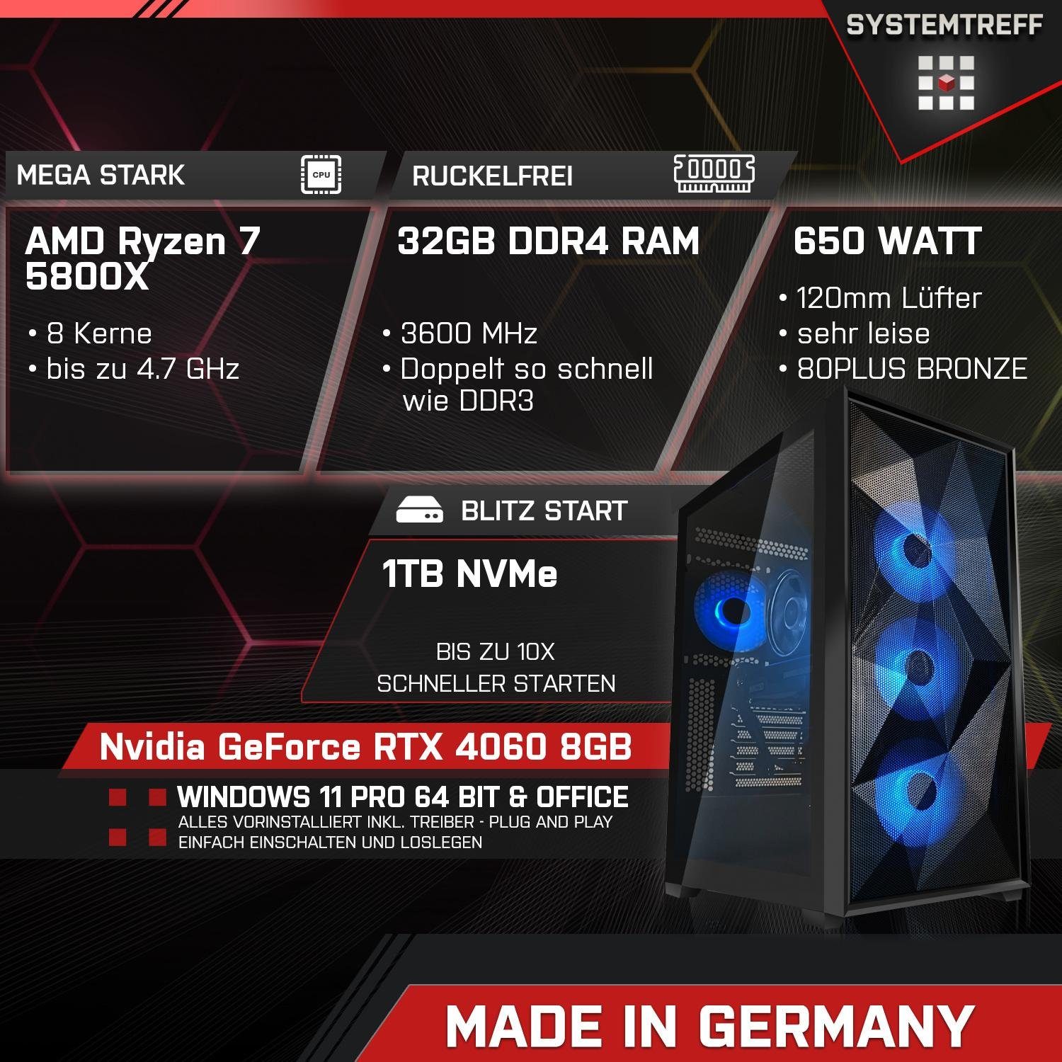 RTX GeForce WLAN) 32 (AMD 11, Gaming-PC SSD, GB SYSTEMTREFF Luftkühlung, RAM, 4060, Windows GB 1000 Ryzen 5800X, 7