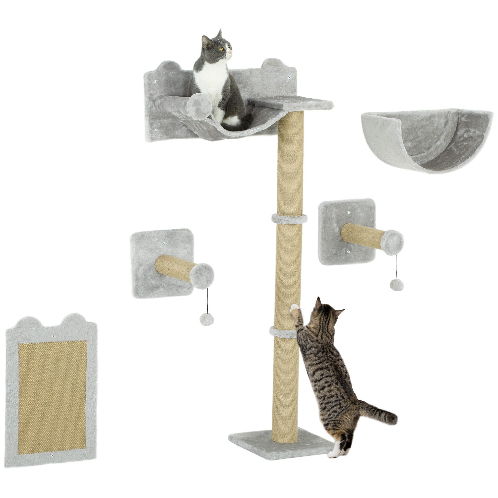 PawHut Katzen-Kletterwand 5 tlg. mit Kratzpfosten, Hängematte, Sprungplatt, für Katzen bis 5 kg, Polyester, Hellgrau