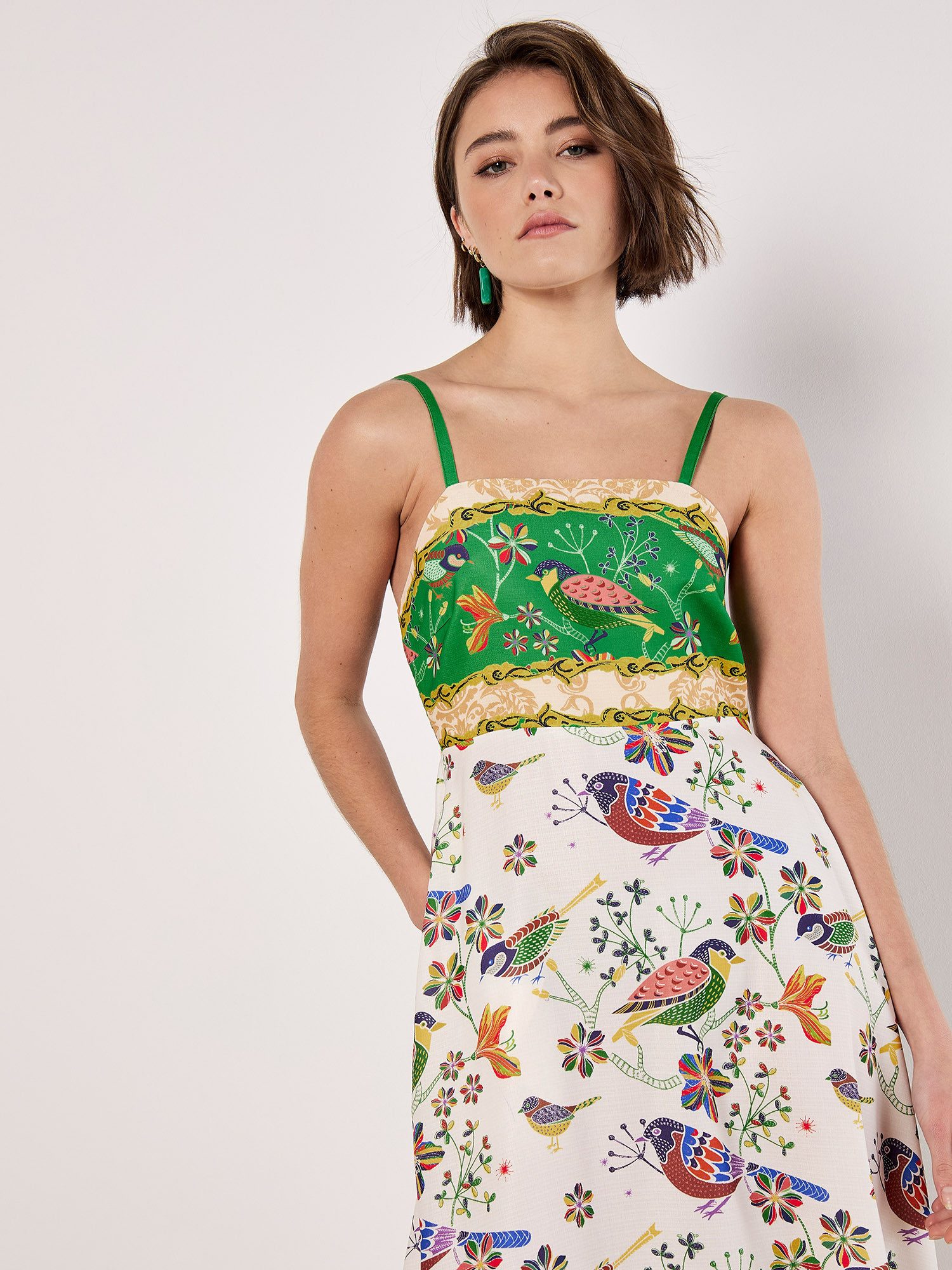 Apricot Druckkleid Midikleid mit Vögeln und günstig online kaufen