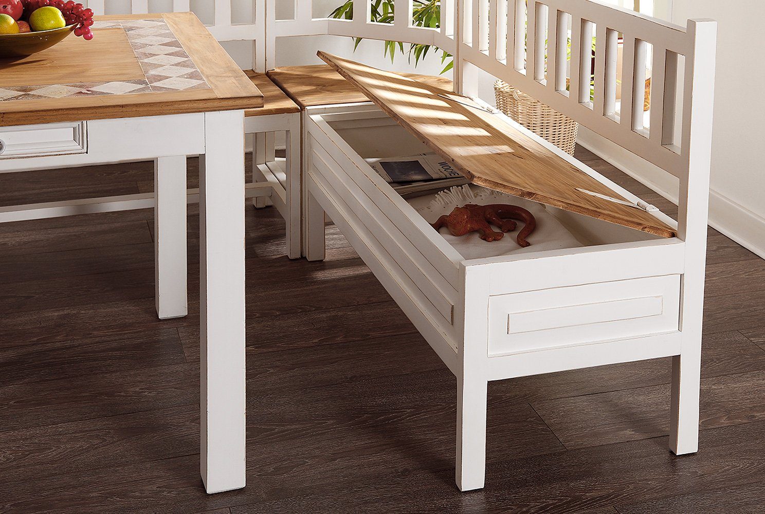 1a Direktimport Esszimmerstuhl Truhenbank - erweiterbar zur Eckbank - Pinie weiß - Landhausstil