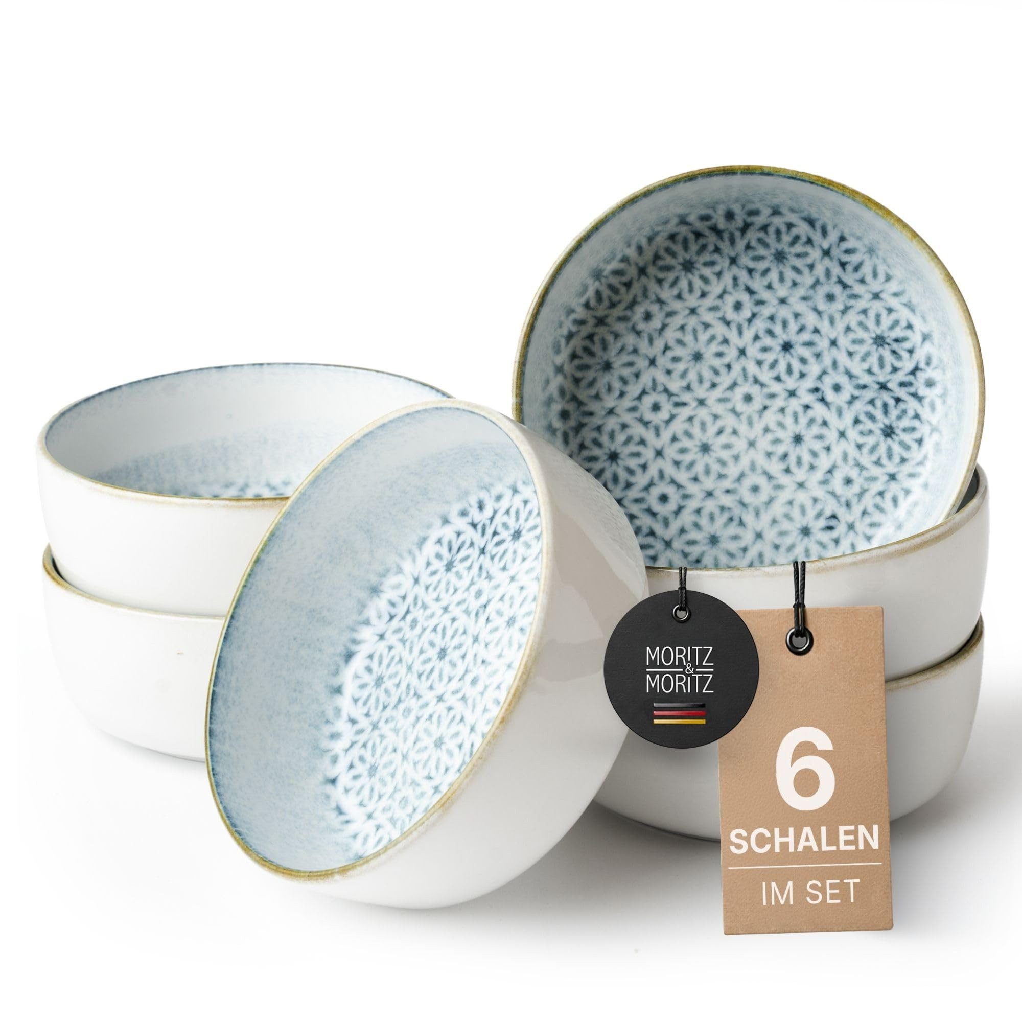 Moritz & Moritz Müslischüssel ALHAMBRA Müslibowls Blau, Steinzeug, (Set, 6-tlg), Hochwertiges Steinzeug, Spülmaschinengeeignet