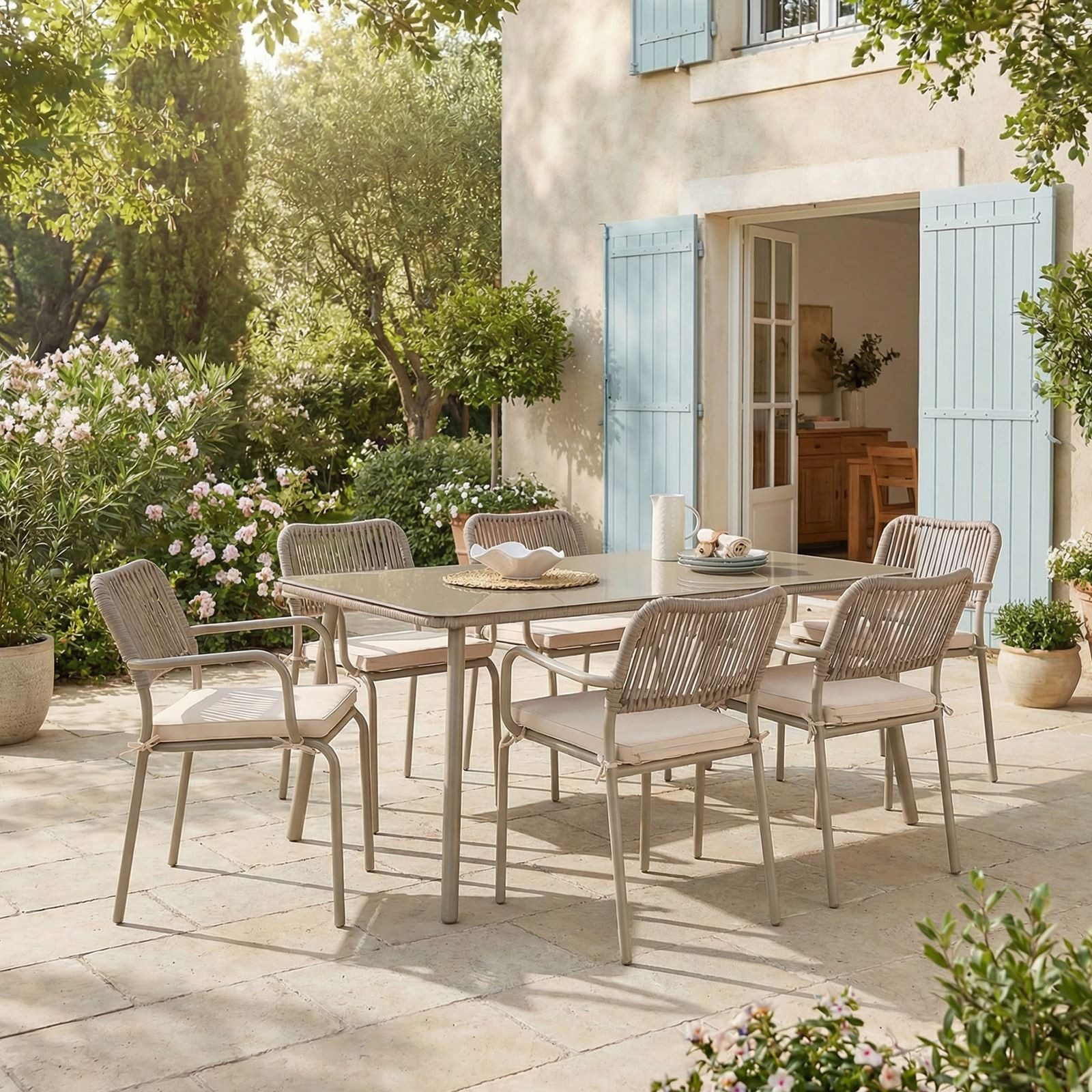 IDIMEX Garten-Essgruppe VOLONTE, 160x90cm Balkontisch mit gehärteter Glasplatte & Rope Detail Champagne