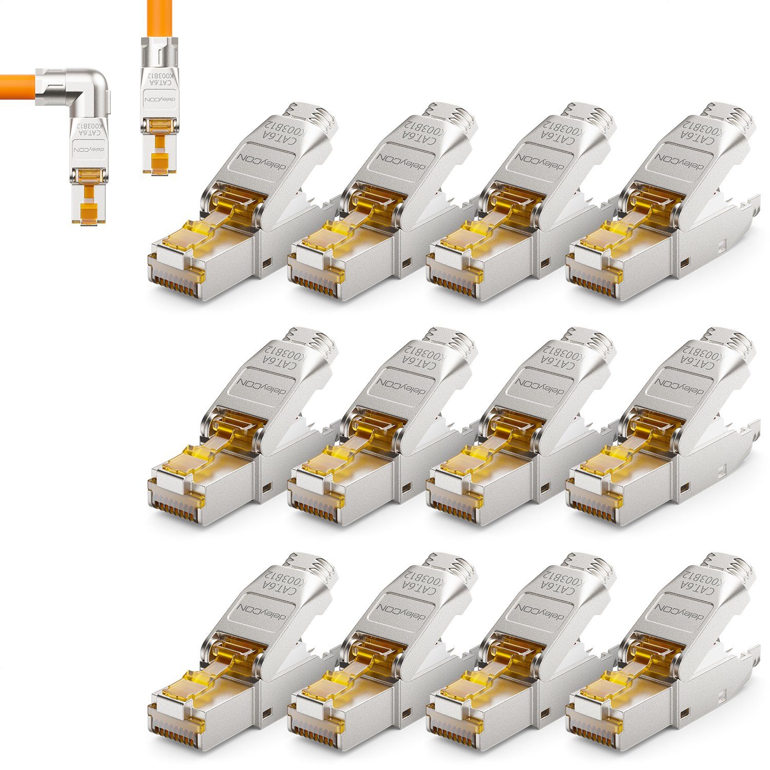 deleyCON deleyCON 12x CAT6a Netzwerkstecker 90° Winkel RJ45 10Gbit/s Stecker Netzwerk-Adapter