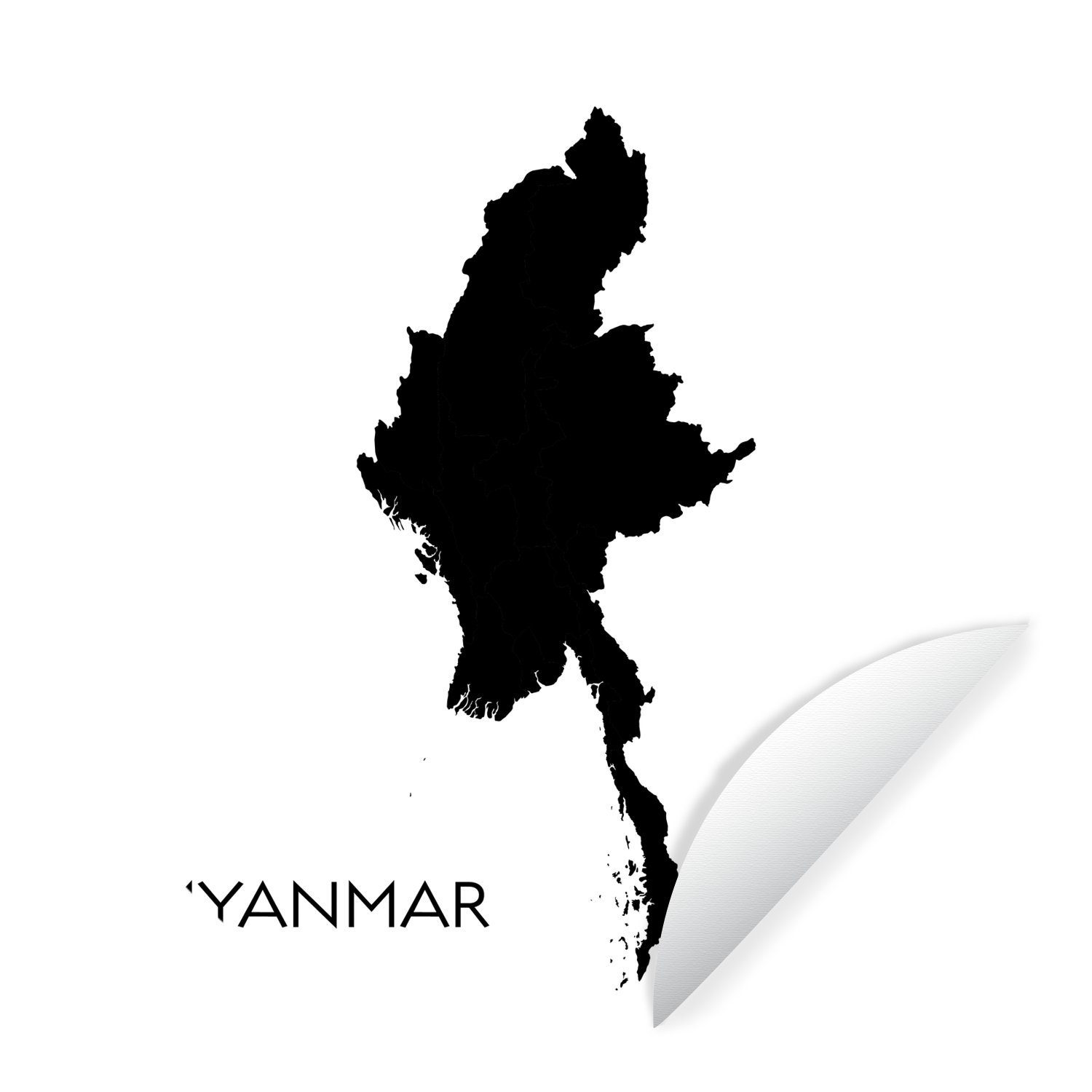 MuchoWow Wandsticker Illustration einer Schwarz-Weiß-Karte von Myanmar (1 St), Tapetenkreis für Kinderzimmer, Tapetenaufkleber, Rund, Wohnzimmer