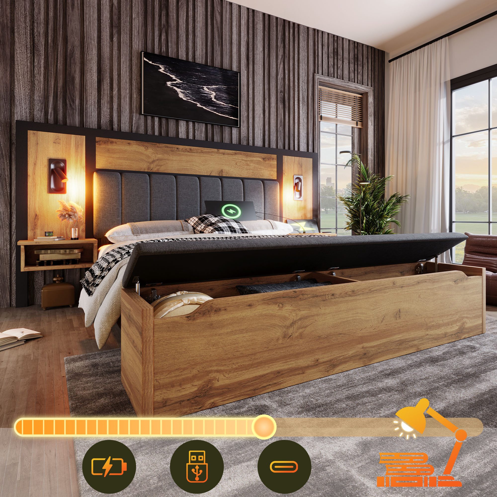 REDOM Holzbett mit Bettgestell Lattenrost (Struraumbett, Doppelbett, Funktionsbett, 1-tlg., 180×200cm, ohne Matratze), mit Leselampe und USB/Type-C Nachttisch und Sitzbank mit Stauraum
