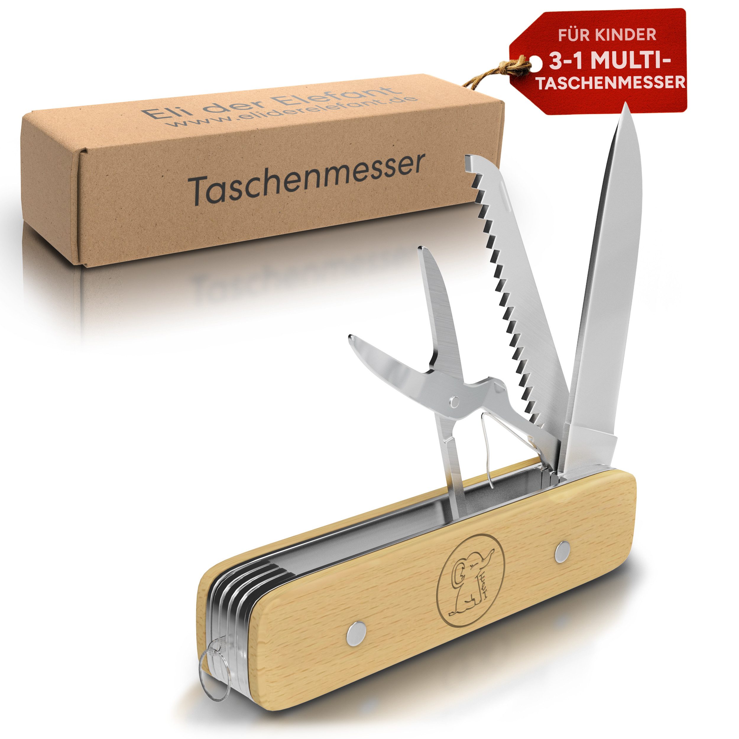 Eli Карманные ножи für Kinder - erstes Kindertaschenmesser Multitool 3 in 1, (inkl. Säge - Kindermesser - Schere, Taschenwerkzeug - Werkzeug - Multifunktionswerkzeug), beidhändig - Holzgriff