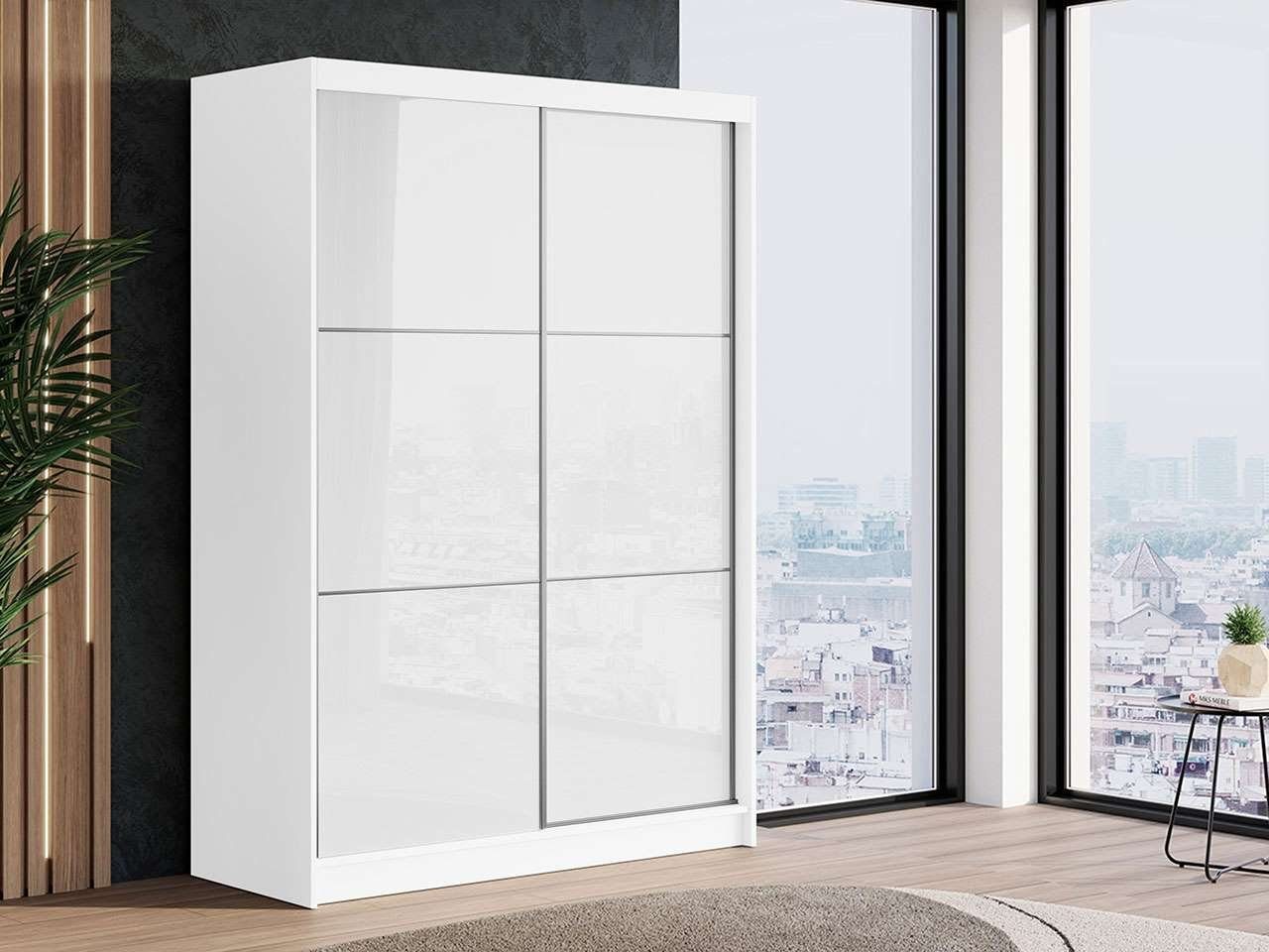 MKS MÖBEL Kleiderschrank VALENCIA Lacobel Glas, Schrank, Garderobe 150 cm, Schiebtüren Weiss