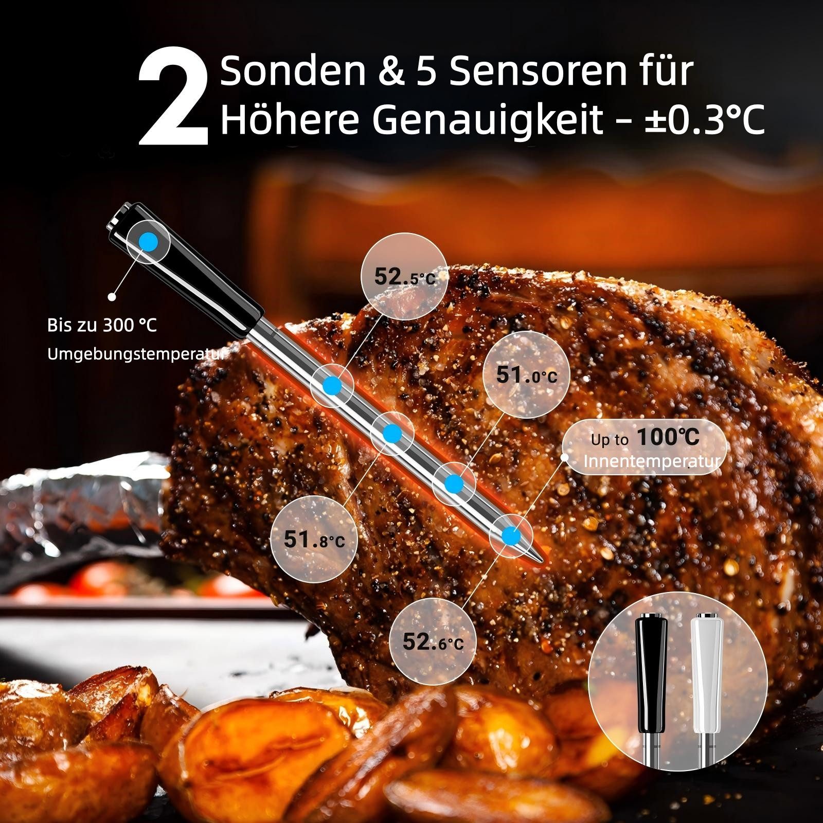 INKBIRD Bratenthermometer 2 Sonden mit 5 Sensoren BBQ Grill 5G WiFi, Schwarz, 2-tlg., 5G WiFi & Bluetooth, 25h Akkulaufzeit, Offline-Datenspeicherung