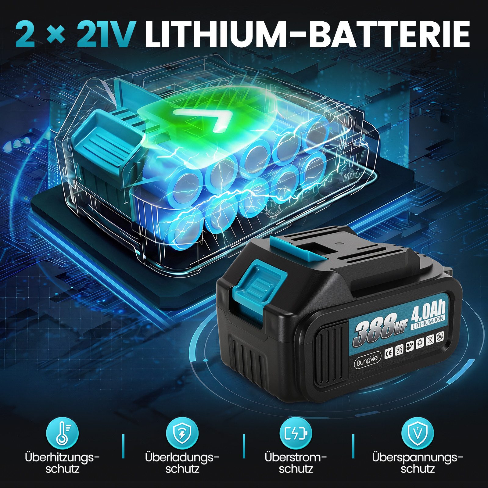 Bundviel Akku-Winkelschleifer Elektrischer Winkelschleifer 21V Bürstenloser Motor Trennschleifer, max. 12000 U/min, 12000 U/min, Ø 125mm inkl. 2×4,0Ah Akku und  – Bild 3 von 5