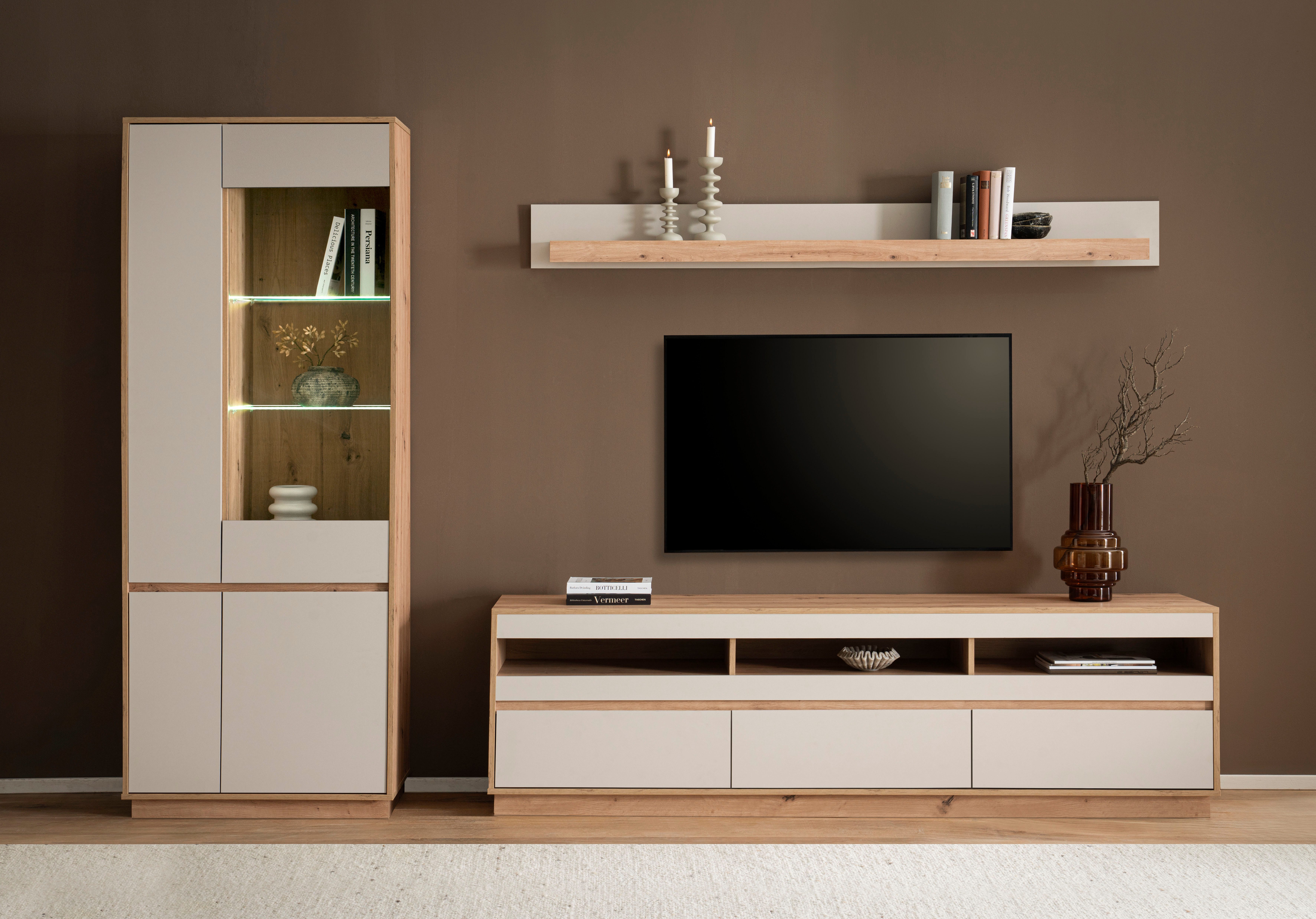 Home affaire Wohnwand Sonora, moderne Anbauwand, Komplettset in Kaschmir/Eiche, (Komplett-Set, 3-St), enthält Vitrine, Lowboard und Wandboard, 292 cm breit