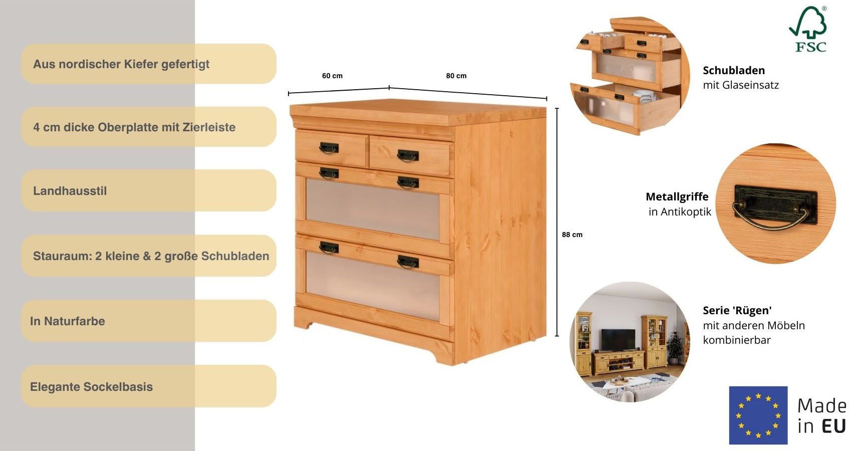 OTTO home Kommode Rügen, zertifizietes Massivholz, mit Schubkasten und Glaseinsatz