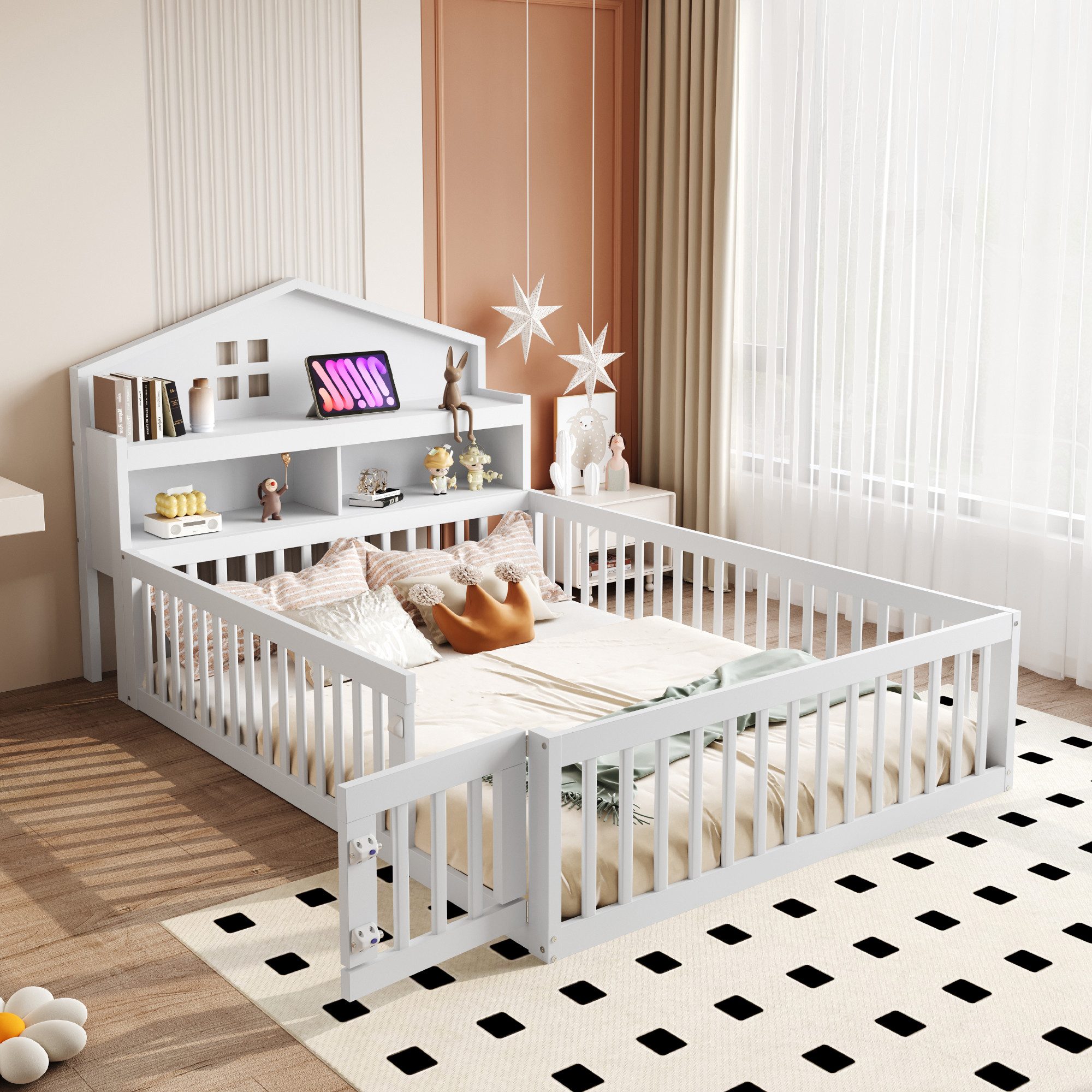 Flieks Kinderbett, Holzbett Bodenbett Hausbett 140x200cm günstig online kaufen