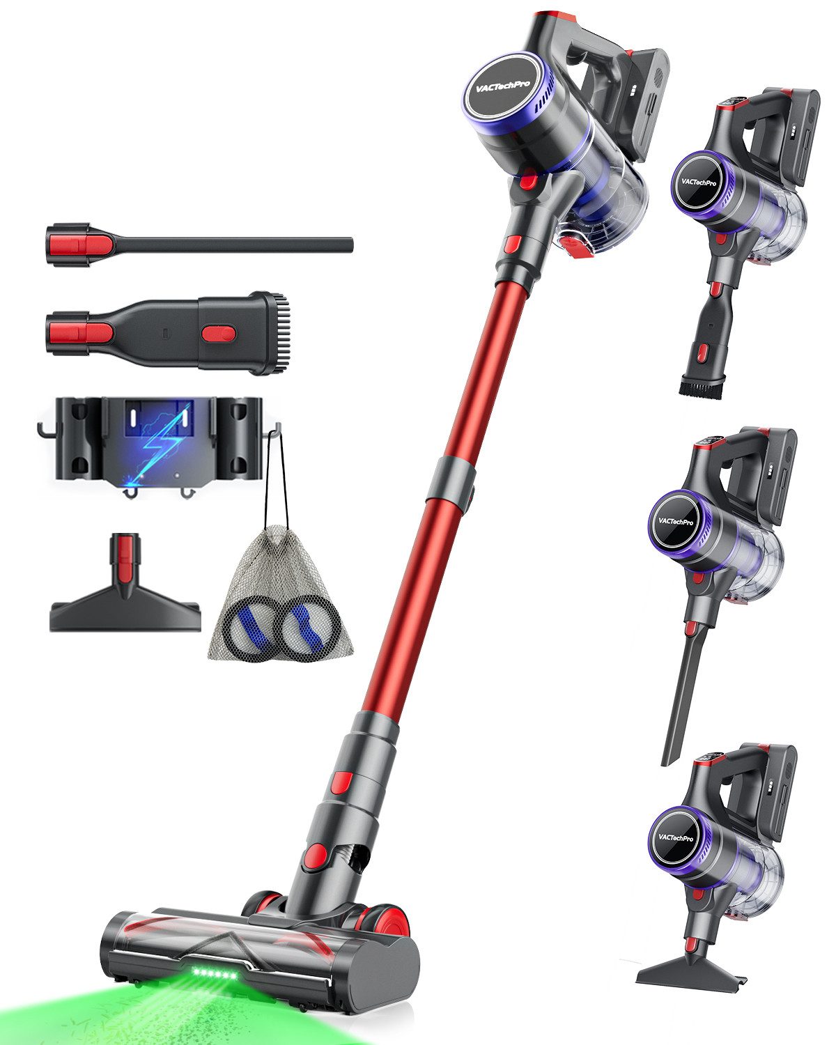 VACTechPro Akku-Hand-und Stielstaubsauger F02 Ultra Akkustaubsauger, 78000Pa/650W/70Min, 8-Schicht-Filterung, 650 W, 78000Pa/650W/70Min, 8-Schicht-Filterung, Anti-Tangle Bodenbürste