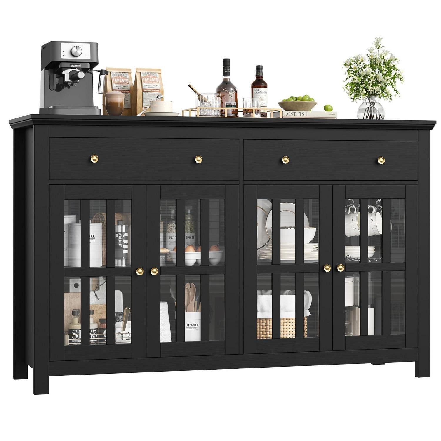LuxusKollektion Küchenbuffet Sideboard 140cm 2 Schubladen 4 Glastüren Arbeitsplatte Schwarz
