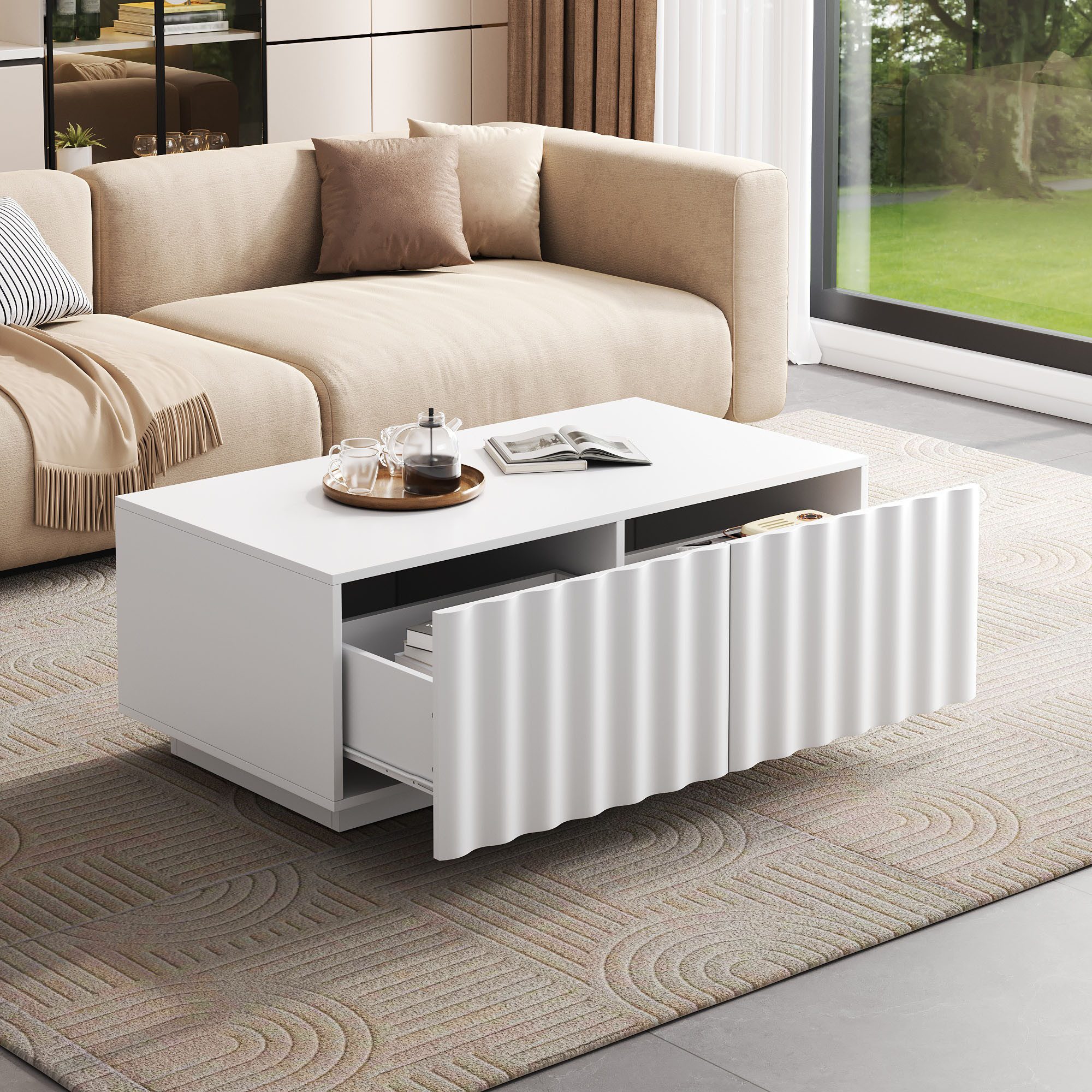 STILVORA Wohnzimmer-Set Couchtisch in Weiß Wohnzimmertisch mit Schubladen, in Wellenoptik