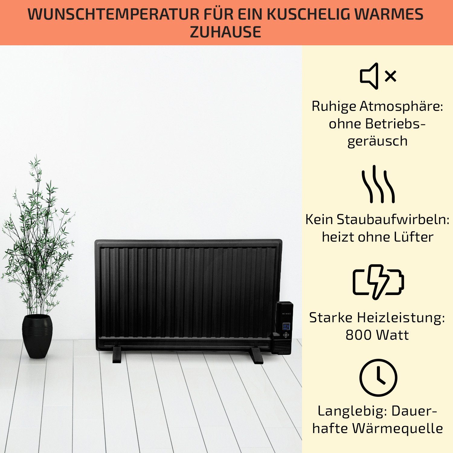 ONECONCEPT Heizstrahler Wallander, 800 W, elektrisch Heizkörper Schwarz energiesparend Ölradiator Thermostat Radiator