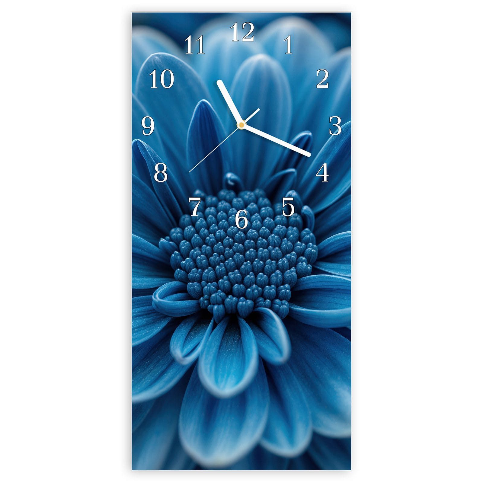 Wanduhr Glasuhr Wandkunst Größe 30 x 60 cm mit Motiv Blaue Blume