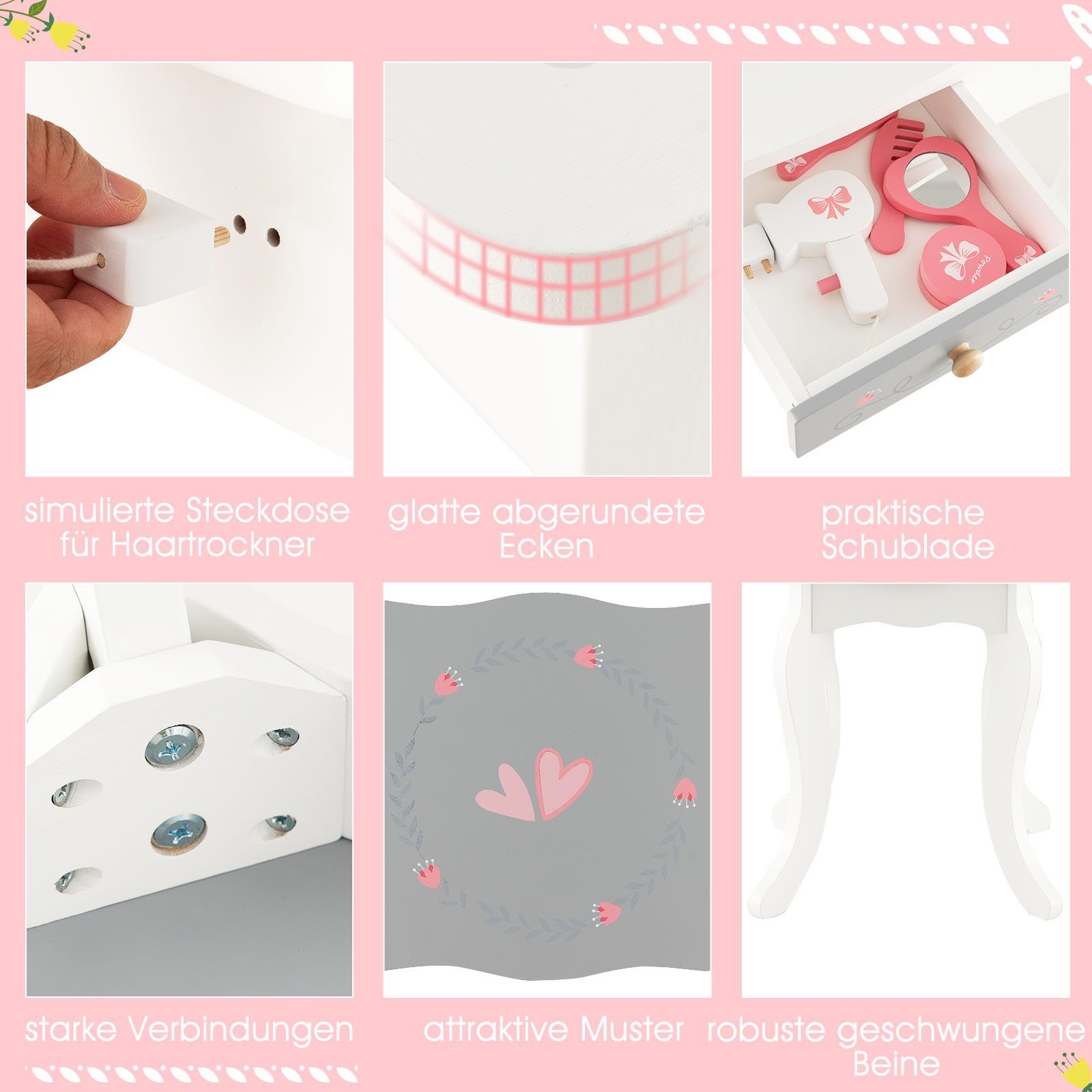 COSTWAY Schminktisch 2 in 1, mit Hocker & abnehmbarem Spiegel günstig online kaufen