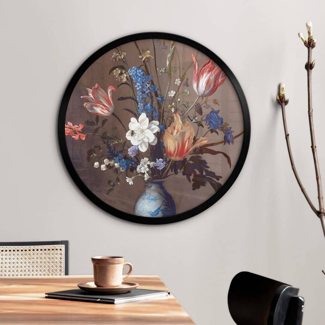 K&L Wall Art Poster Wandbild Poster Rund Balthasar van der Ast Blumen in einer WanLi Vase, Wohnzimmer Kunstdruck klassisch, Runde Wandposter fürs Wohnzimmer Boho Deko inspirierende Wandbilder