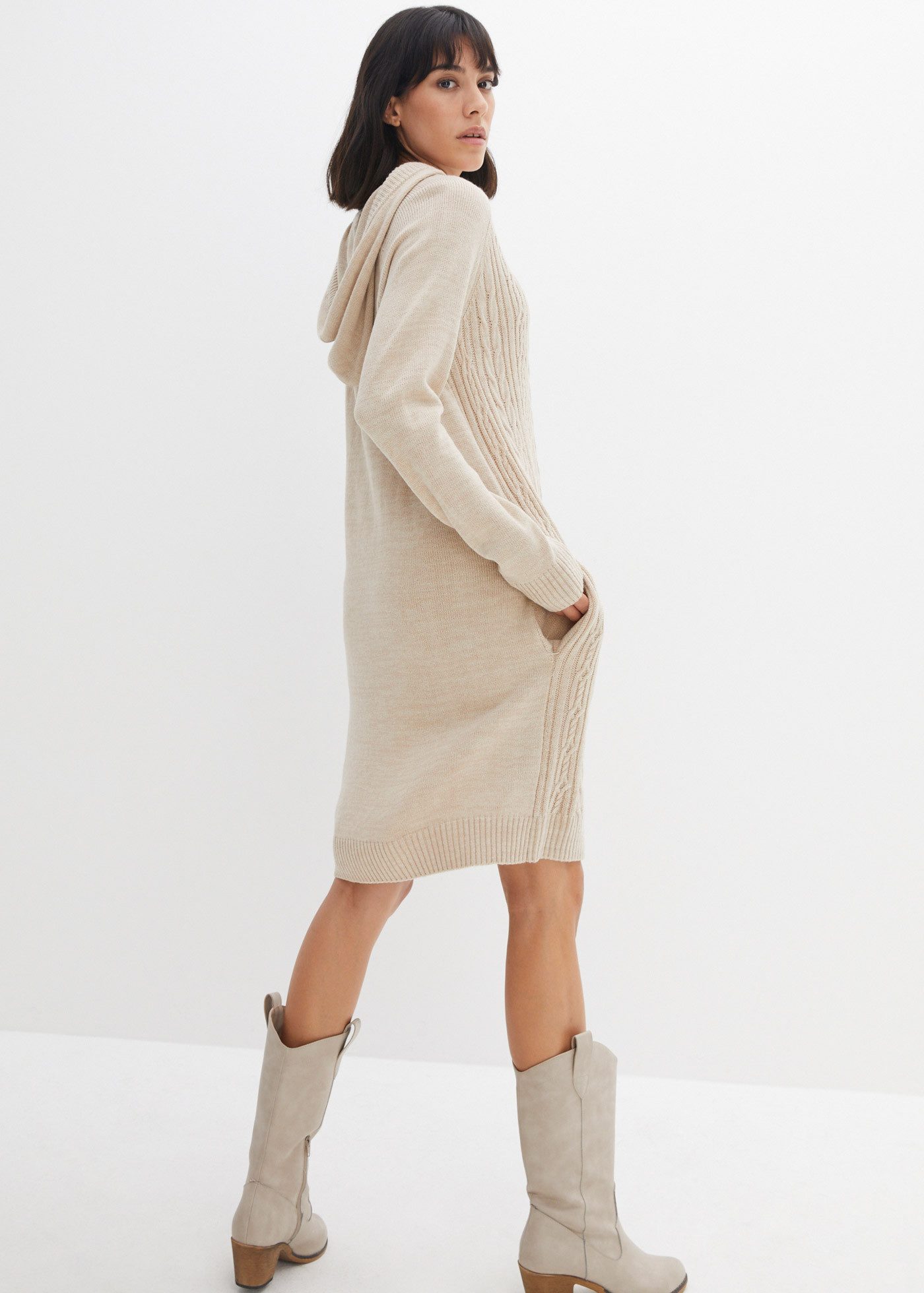 bonprix Strickkleid mit Zopfmuster, Kapuze und Eingrifftaschen günstig online kaufen