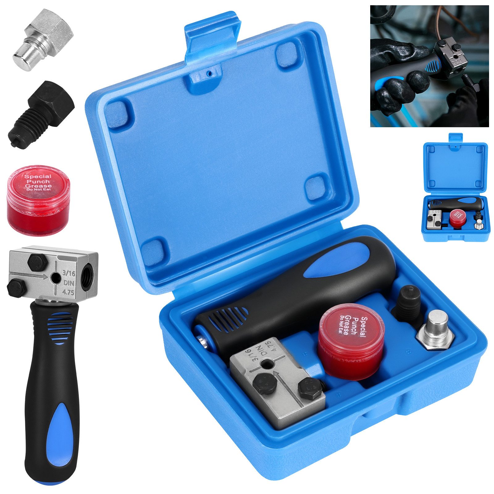 BlingBin Bördelgerät Bremsleitung Bördelgerät für DIN Bördelungen, B: 3 cm, L: 4.2 cm, (Bördelgerät‑Satz 3/16" (4,75 mm) – Für Bremsleitungen, 1-tlg., Doppel Bördelgerät Bremsleitung Kfz Set), Bördelgerät Bremsleitung Kfz Set für 4,75 mm Kfz-Bremsleitungen