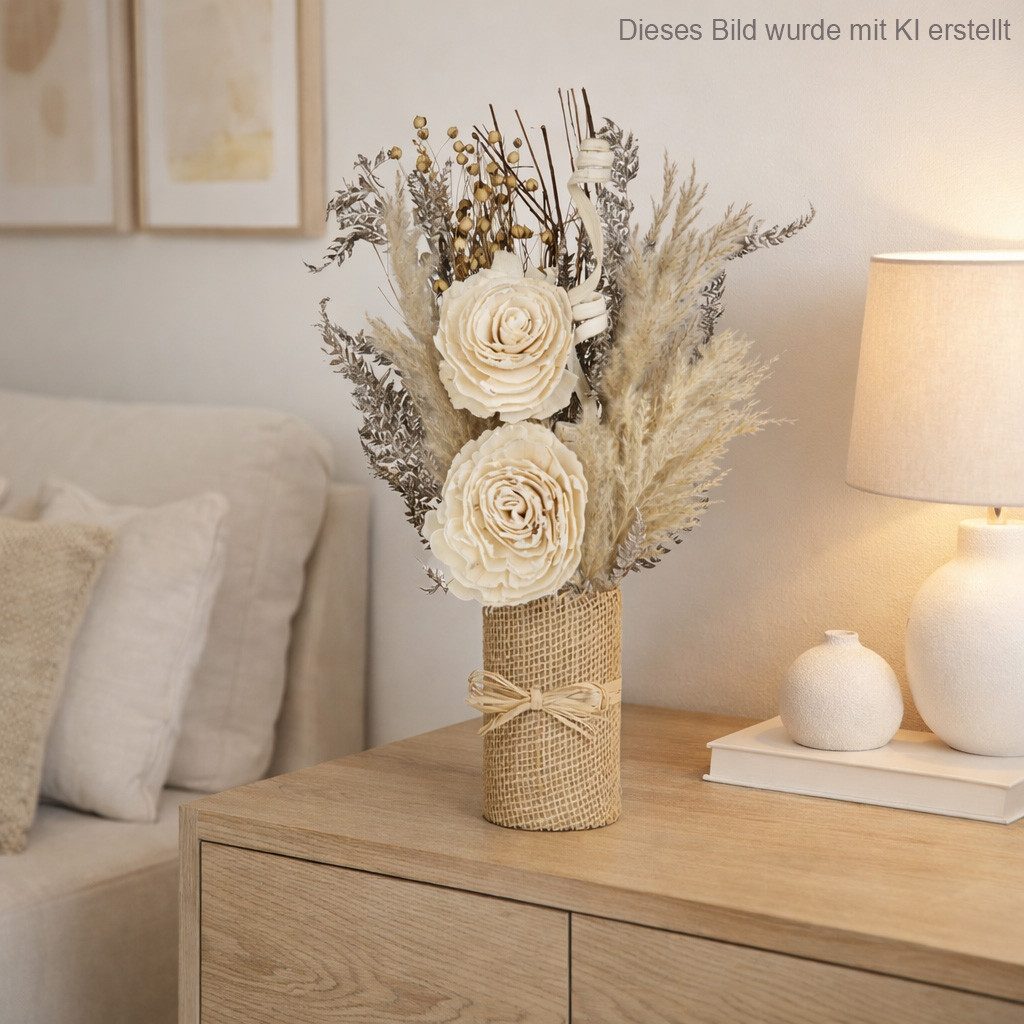 Trockenblume Blumenarrangement Deko Blumen getrocknet in Naturfarben, XiRRiX, Höhe 36 cm, Trockengesteck Creme Rosendeko
