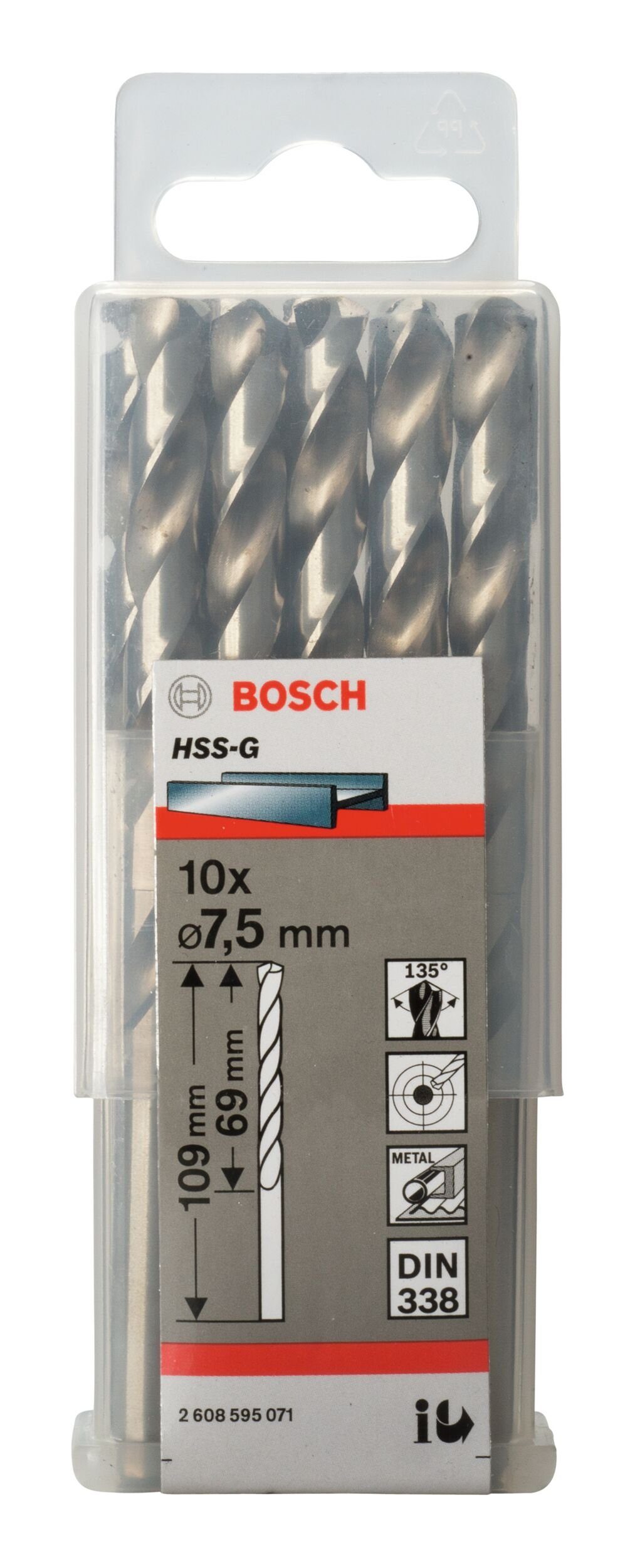 BOSCH Metallbohrer, (10 Stück), x x 10er-Pack - HSS-G (DIN 7,5 - mm 69 338) 109