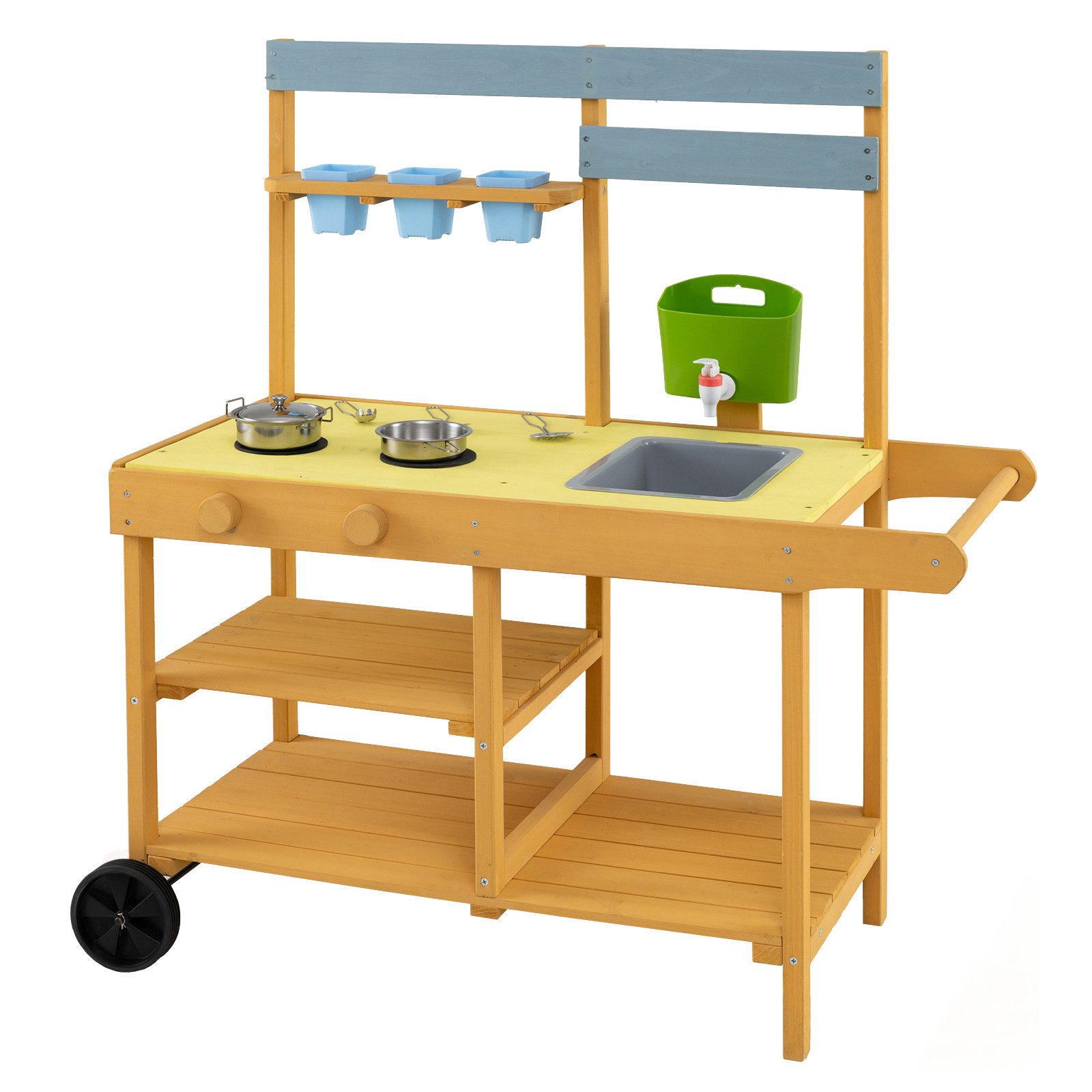 COSTWAY Outdoor-Spielküche Tannenholz, Mit Herd & Kochzubehör, 3 Blumentöpfen
