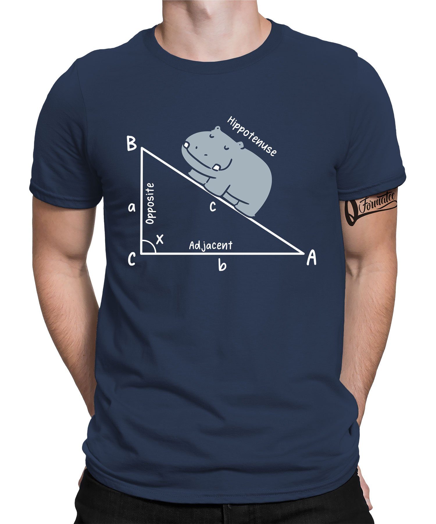 Quattro Formatee Kurzarmshirt Hippotenuse Flusspferd Nilpferd - Lustiger Spruch Statement Herren (1-tlg) Navy Blau | T-Shirts
