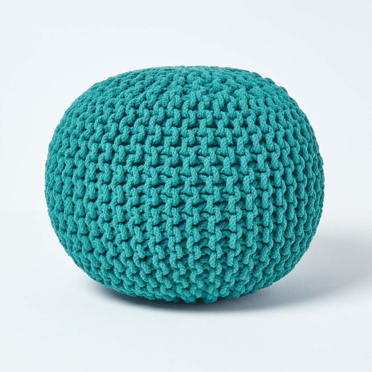 HOMESCAPES Pouf lavorato a maglia in macramè naturale, alto 42 cm, 100% cotone, poggiapiedi rotondo con rivestimento intrecciato