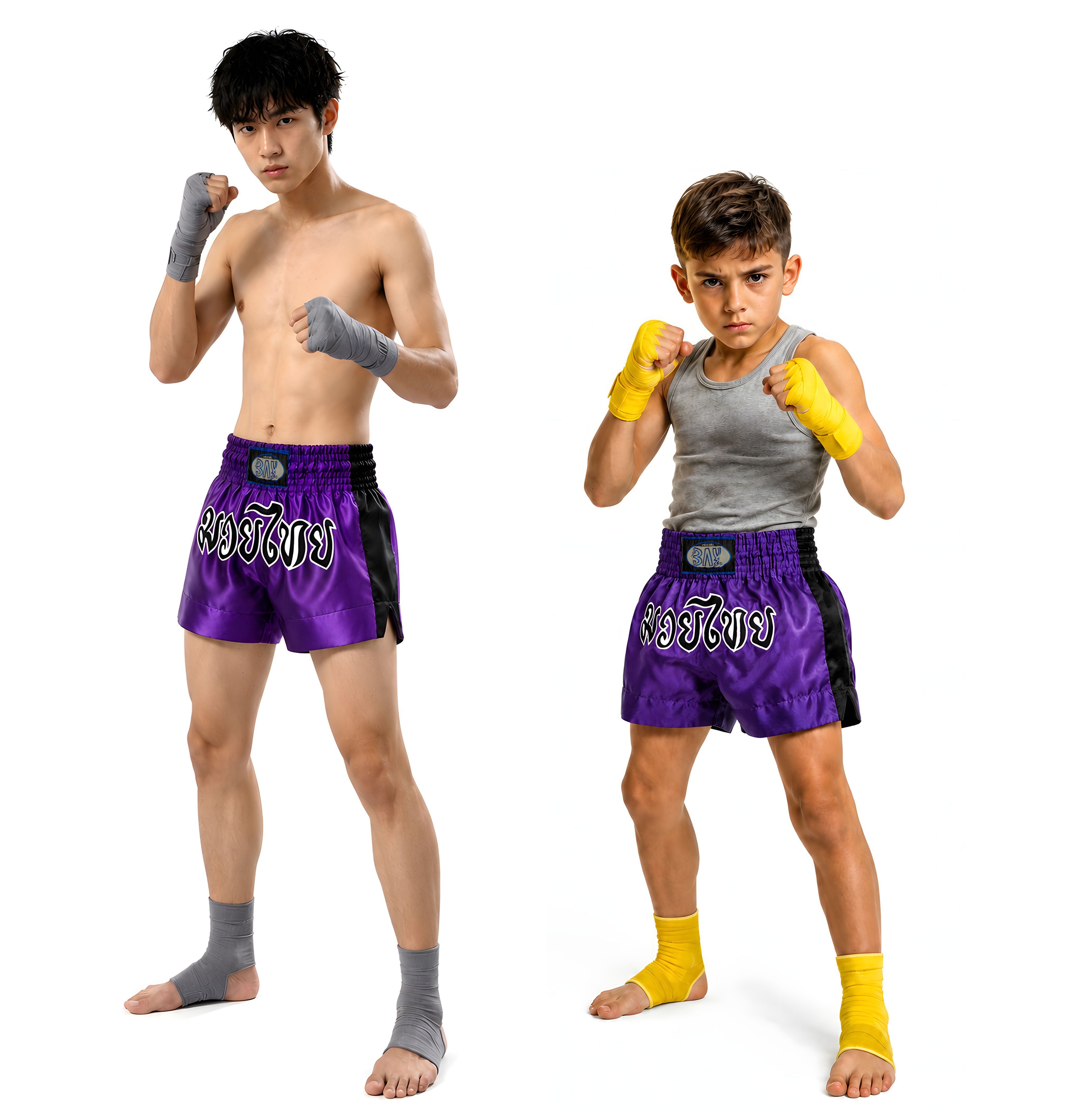 BAY-Sports Sporthose Thaiboxhose REMY Muay Thai Hose Shorts Thaiboxen MMA kurz Kickboxen kurze, leichte, locker sitzende Trainingshose, Lila/Schwarz/Weiß