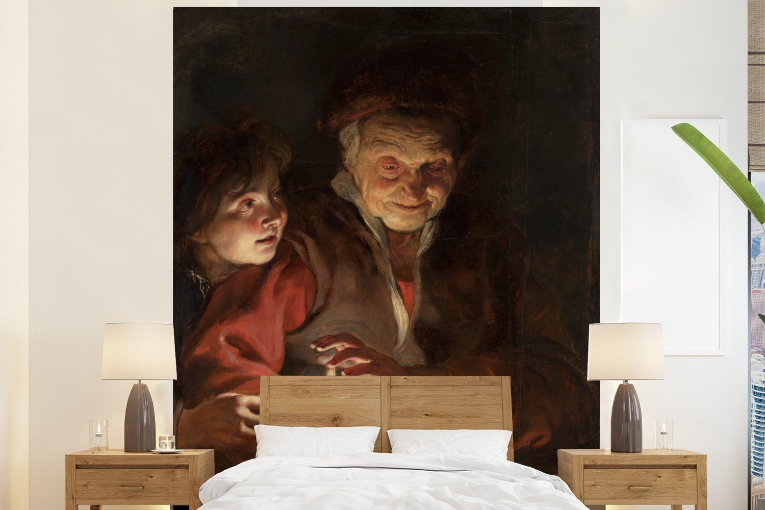 MuchoWow Fototapete Alte Frau und Junge mit Kerzen - Gemälde von Peter Paul Rubens, Matt, bedruckt, (3 St), Vliestapete für Wohnzimmer Schlafzimmer Küche, Fototapete