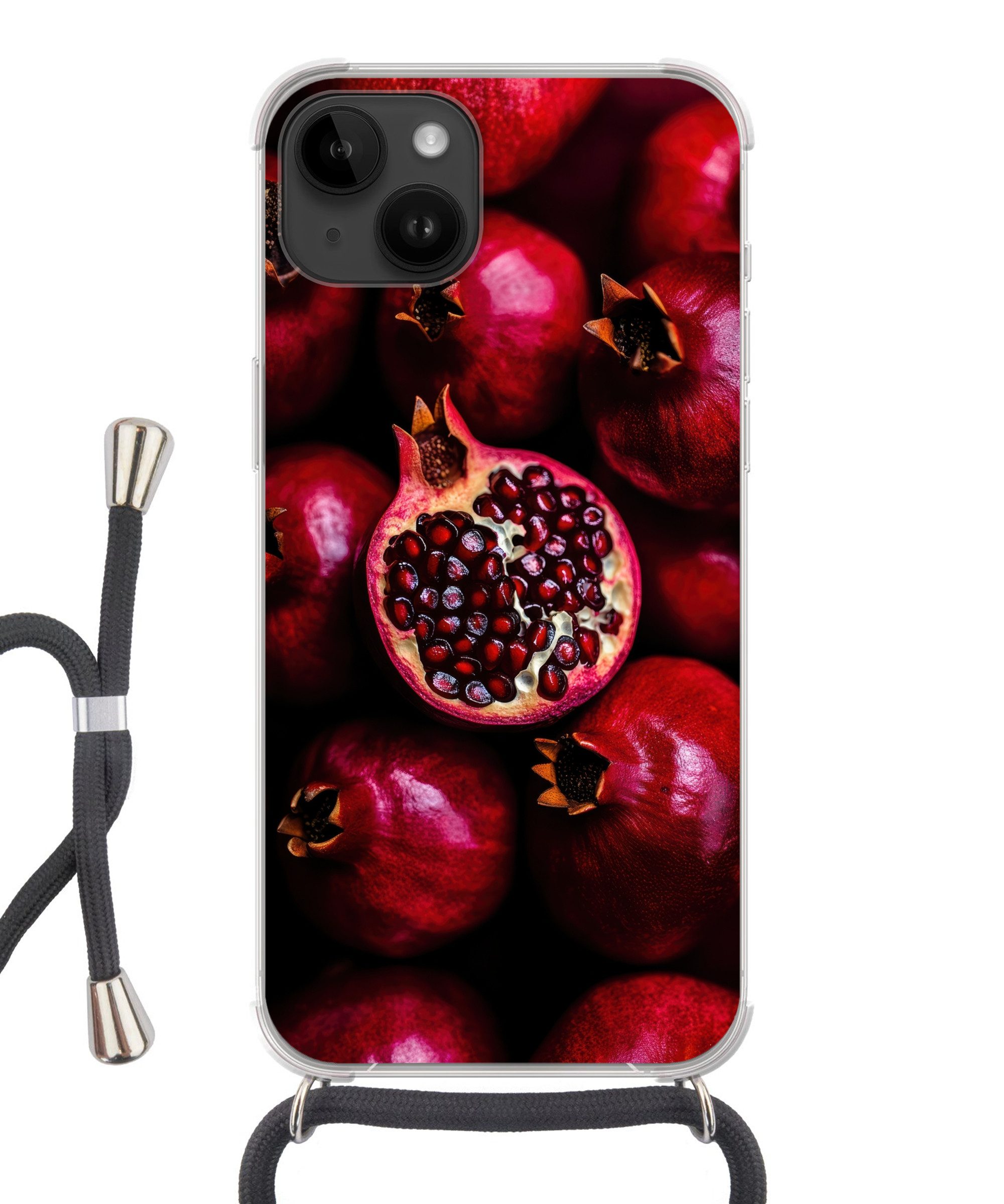 MuchoWow Handyhülle für Apple iPhone 14 Granatapfel - Rot - Obst, Tragbare Handyhüllen mit Kette zum umhängen, Handykette Handyband
