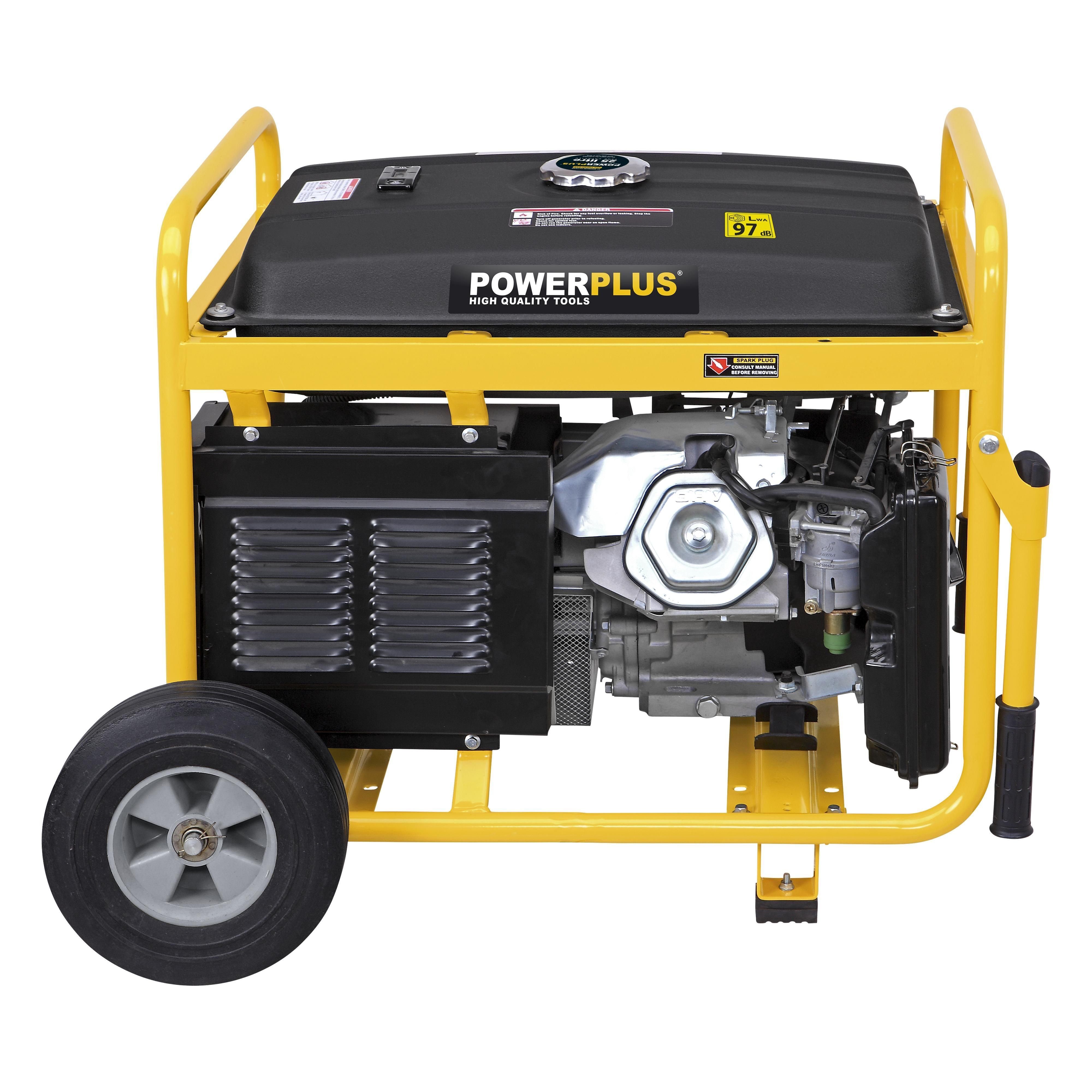 POWERplus Stromerzeuger Stromgenerator 8.6 2 kW, (1 Benzin 5400W Liter, Räder 3 mit in POWX516 Steckdosen), einfachen für Transport Notstromaggregat 25 Stück