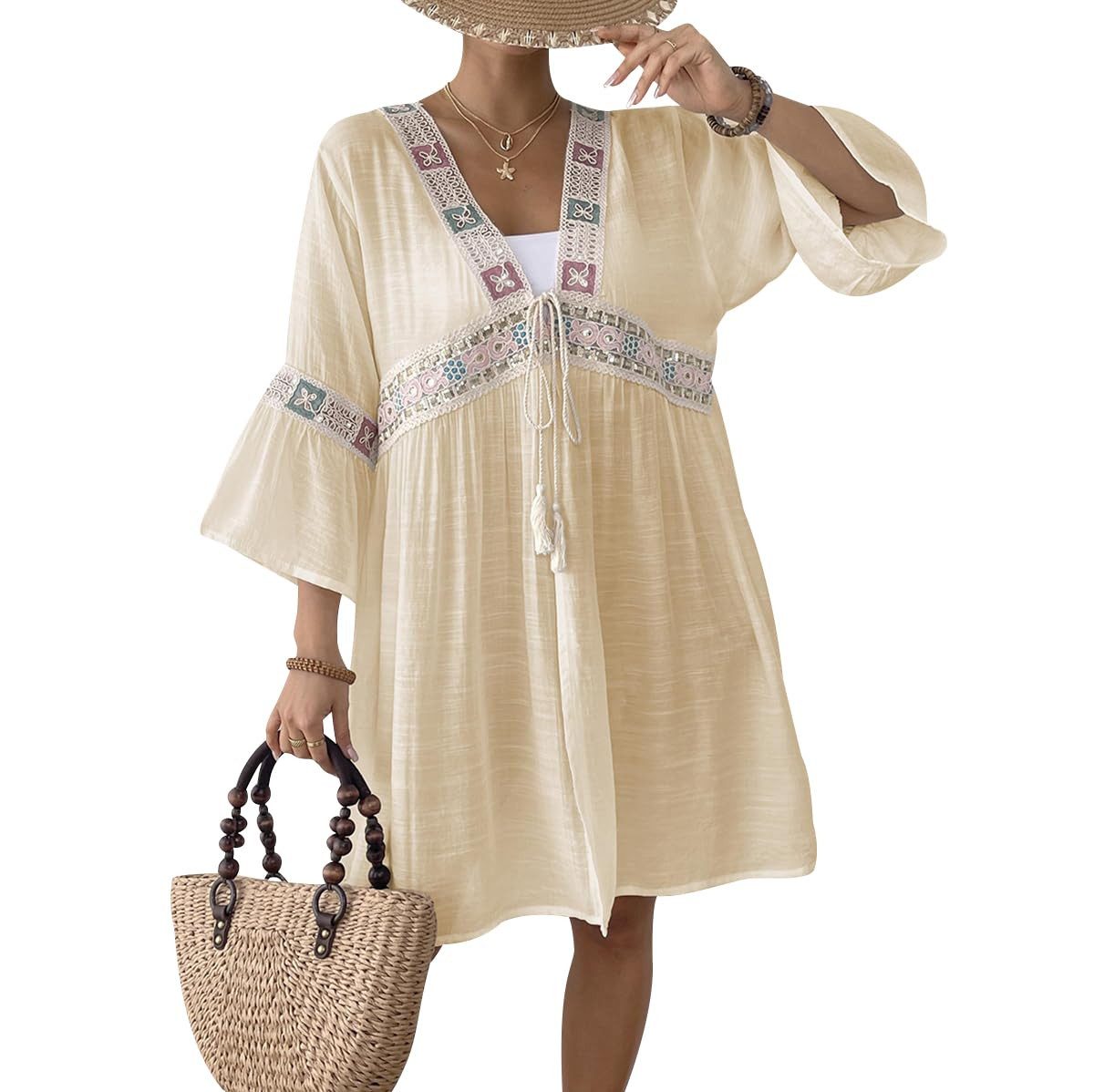 MOPUEA Strandkleid Kimono Strand Cardigan Bikini Cover Up Damen Swim Cover Ups (Boho Beach Beachwear Kimono Cardigan Strand Damen Lang Sommer, 1-tlg., Floral gehäkelte Strandbluse, V-Ausschnitt Transparent) Sommer Cardigans für Damen, Zum Binden Vorne, St