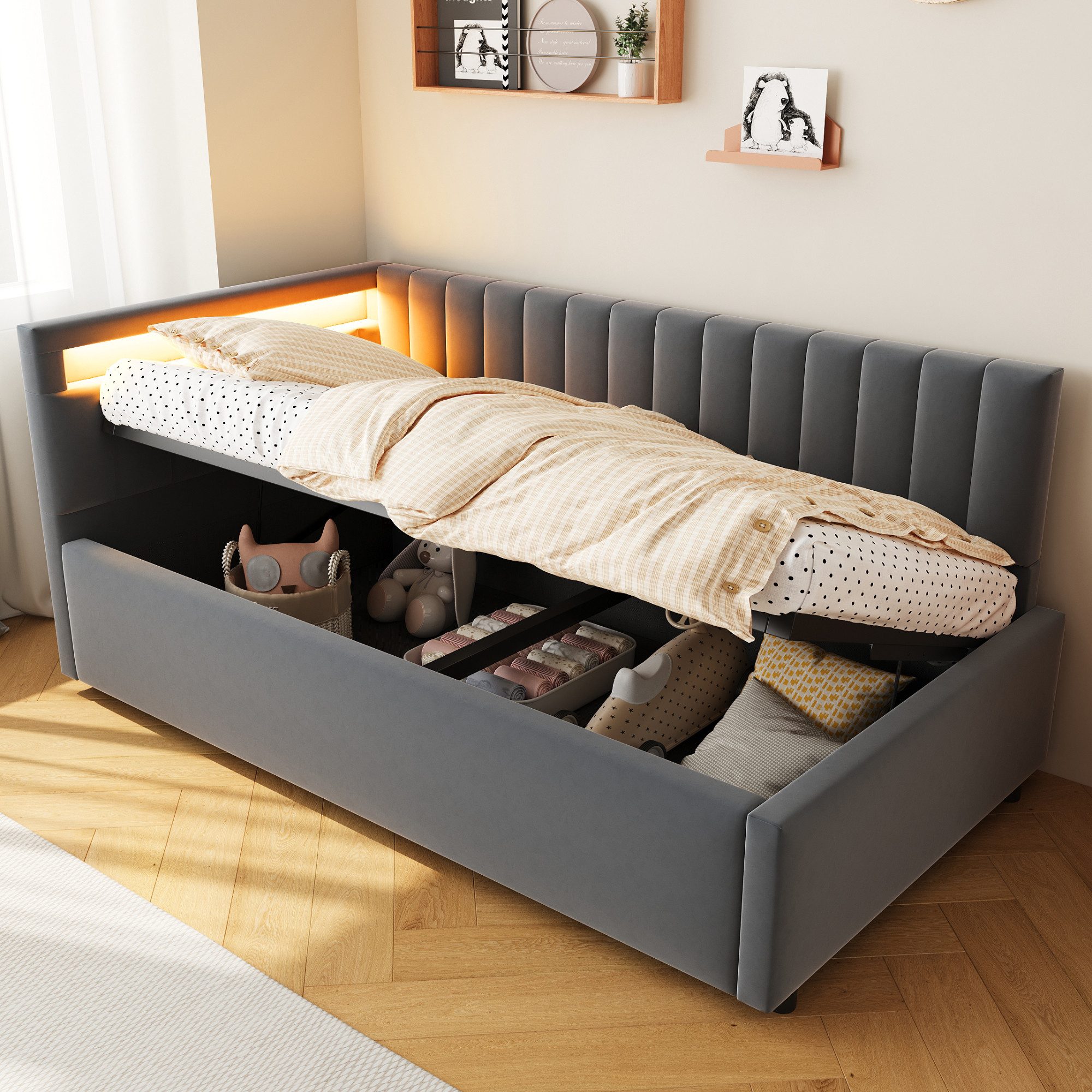 Odikalo Stauraumbett Einzelbett mit Bettkasten und Gasdruckfeder, LED-Beleuchtung 90x200 cm