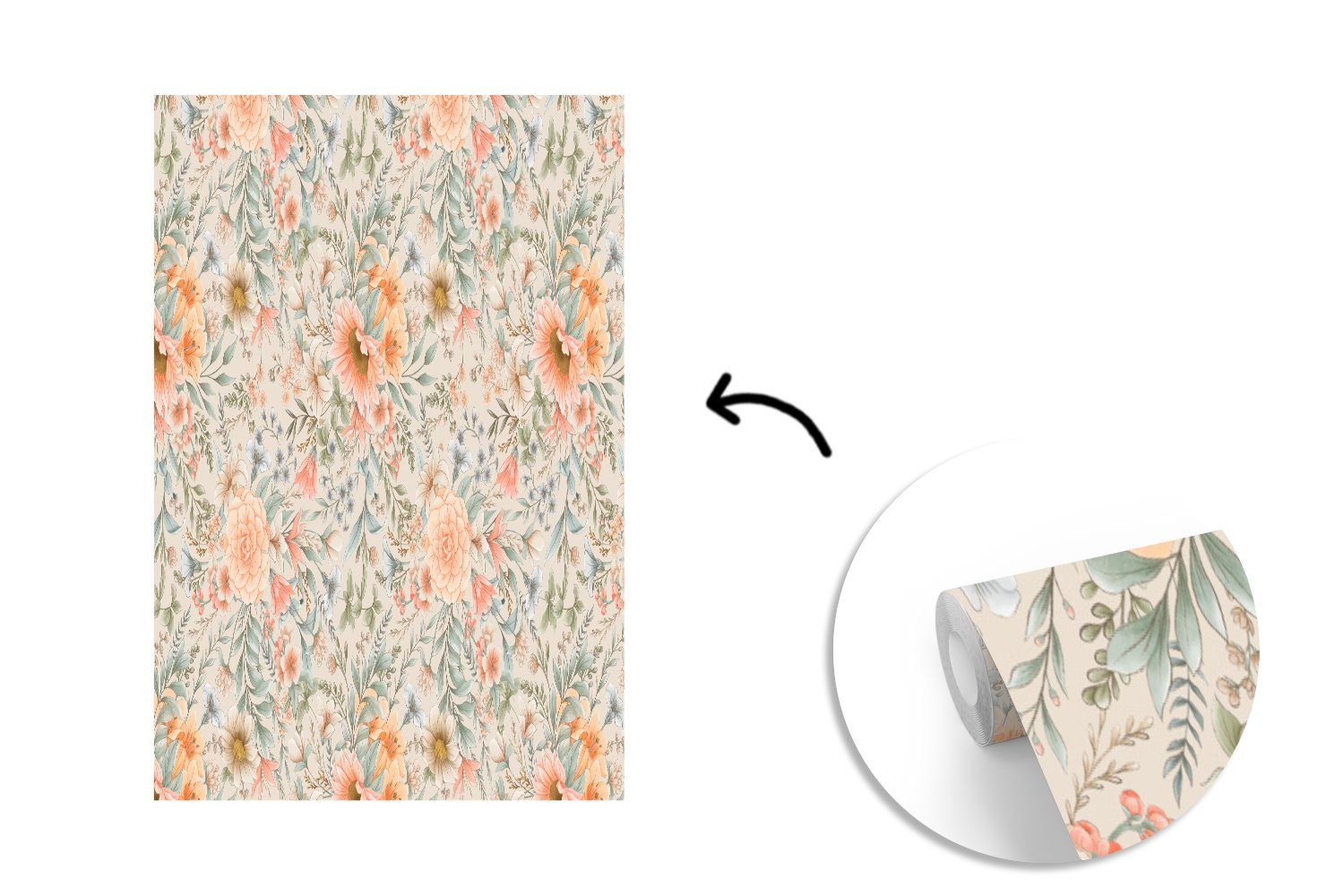 MuchoWow (3 Blumen Wandtapete Montagefertig Pastell für Vinyl - St), Tapete Muster, Sonnenblume Wohnzimmer, Matt, - - bedruckt, Fototapete