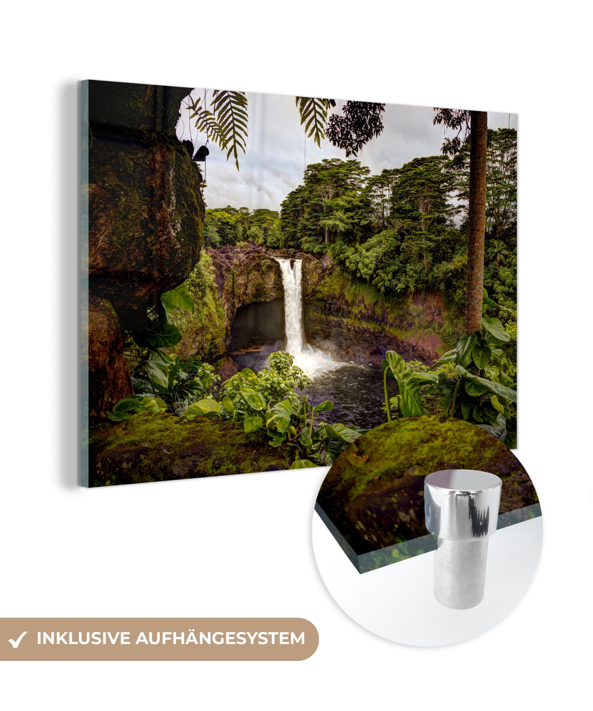 & in Wasserfall Wohnzimmer tropischen Schlafzimmer Acrylglasbilder MuchoWow St), einem Acrylglasbild Wald, (1