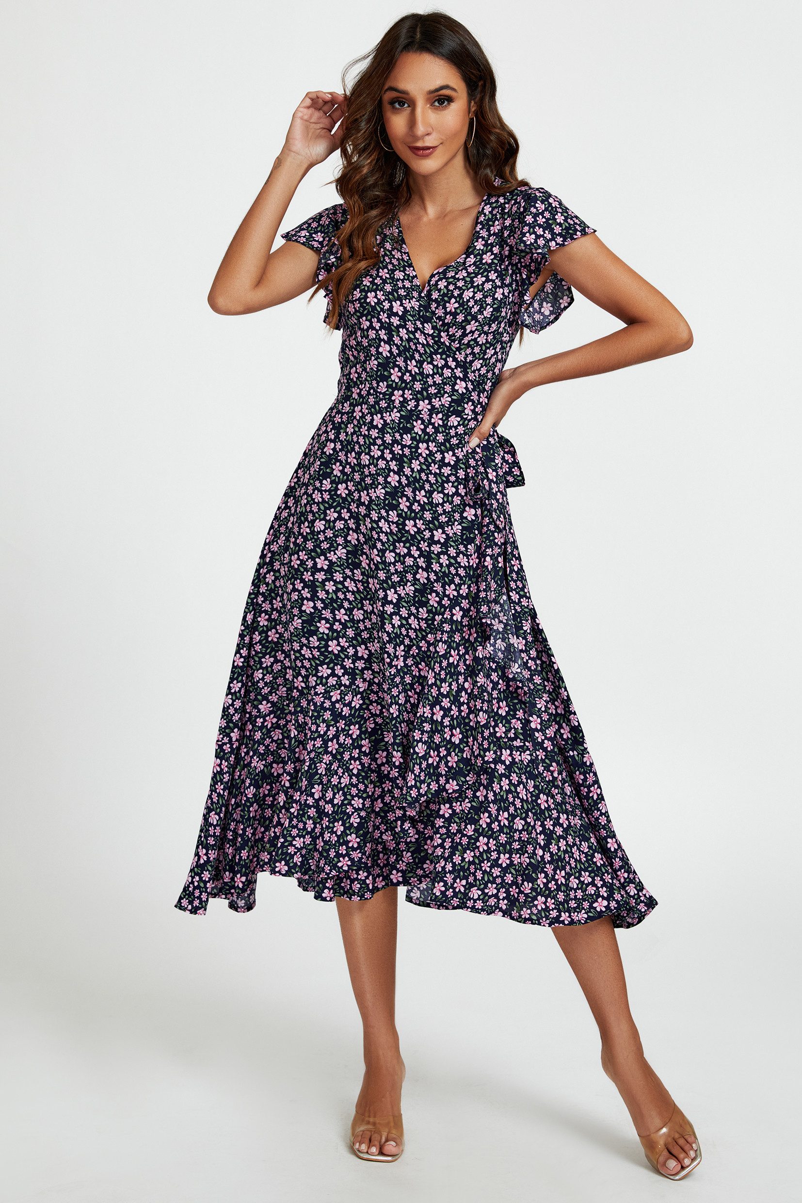 FS Collection Wickelkleid Damen Midi-Wickelkleid mit V-Ausschnitt und Rüschenärmeln - Midikleid (XS (EU:36 / UK:8) · S (EU:38 / UK:10) · M (EU:40 / UK:12) · L (EU:42 / UK:14) · XL (EU:44 / UK:16), 4 Farben : Schwarz, Grün, Dunkelblau und Marineblau) leicht, fließend, formstabil und pflegeleicht