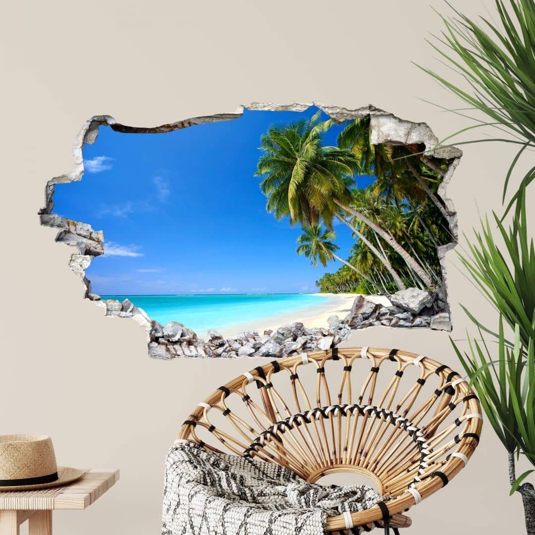 K&L Wall Art Wandtattoo 3D Wandtattoo Aufkleber Badezimmer Paradise Ausblick Palmen Strandurlaub, Mauerdurchbruch Wandbild selbstklebend