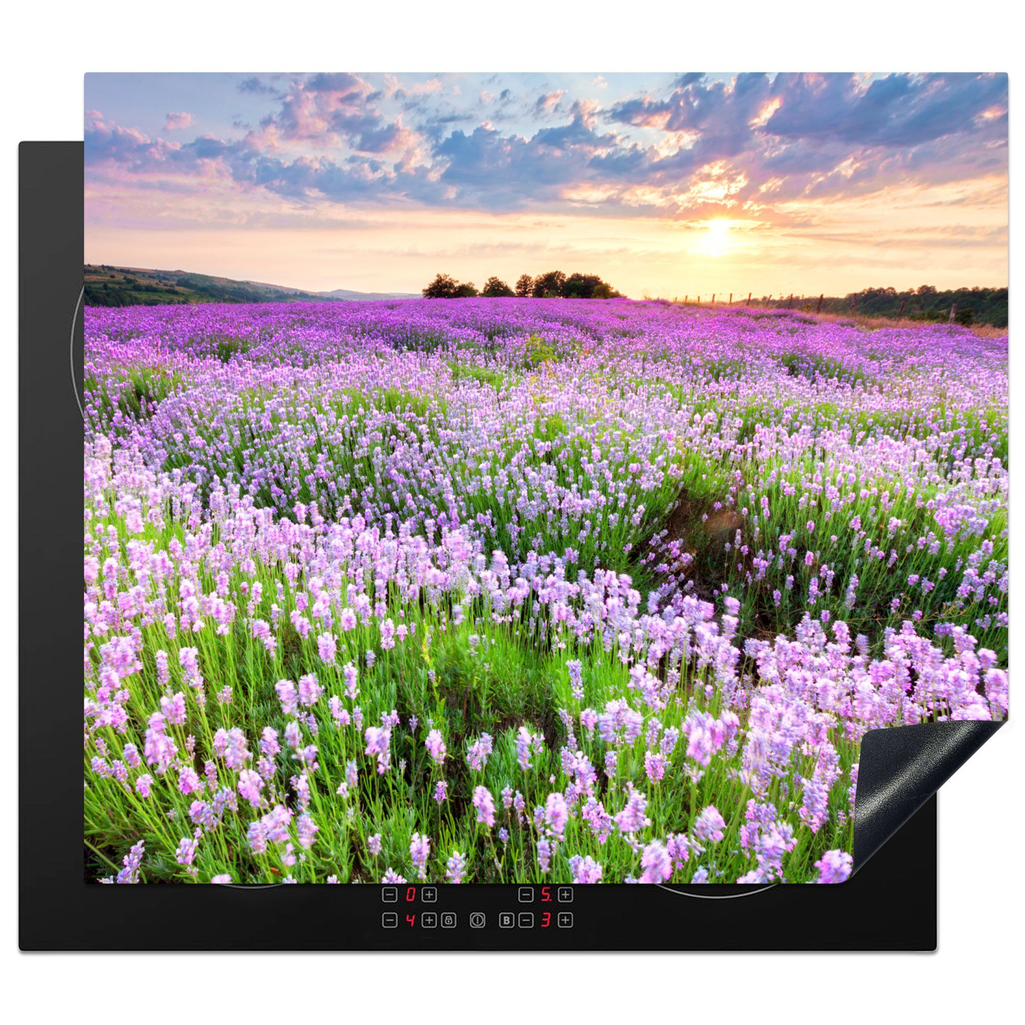 MuchoWow Herd-Abdeckplatte Lavendel - Blumen - Sonnenuntergang - Lila - Wiese, Vinyl, (1 tlg), Cerankochfeld Abdeckung, Herd Abdeckplatten Vinyl, 58.3x51.3 cm