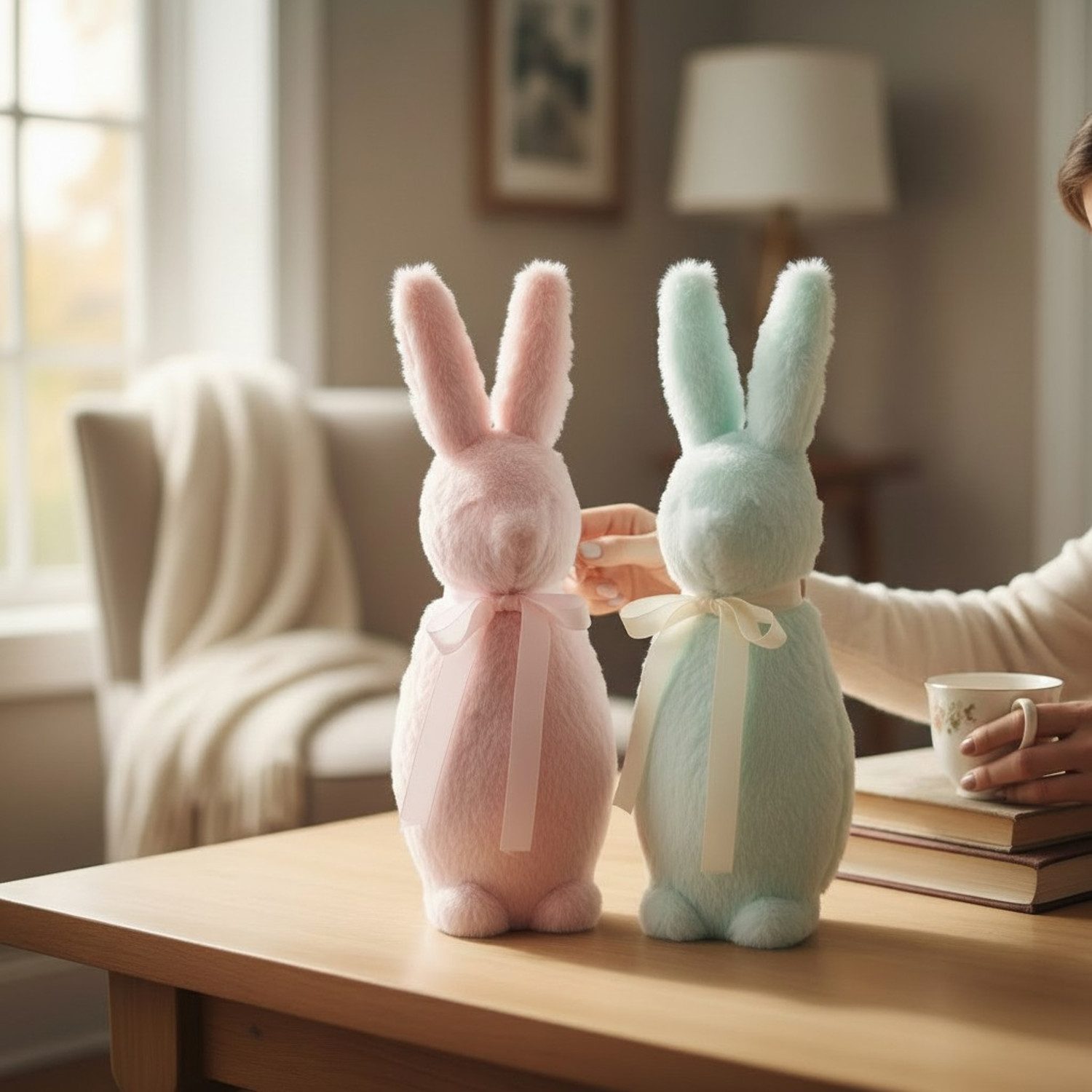 Macosa Home Osterhase mit Schleife 41cm Fell Rosa, Mint, Weiß od. Braun (Dekofigur Ostern Dekoration Tischdeko, Osterdekoration Figur Dekohase), Kunststoff Dekohase Hase Skulptur Oster-Deko